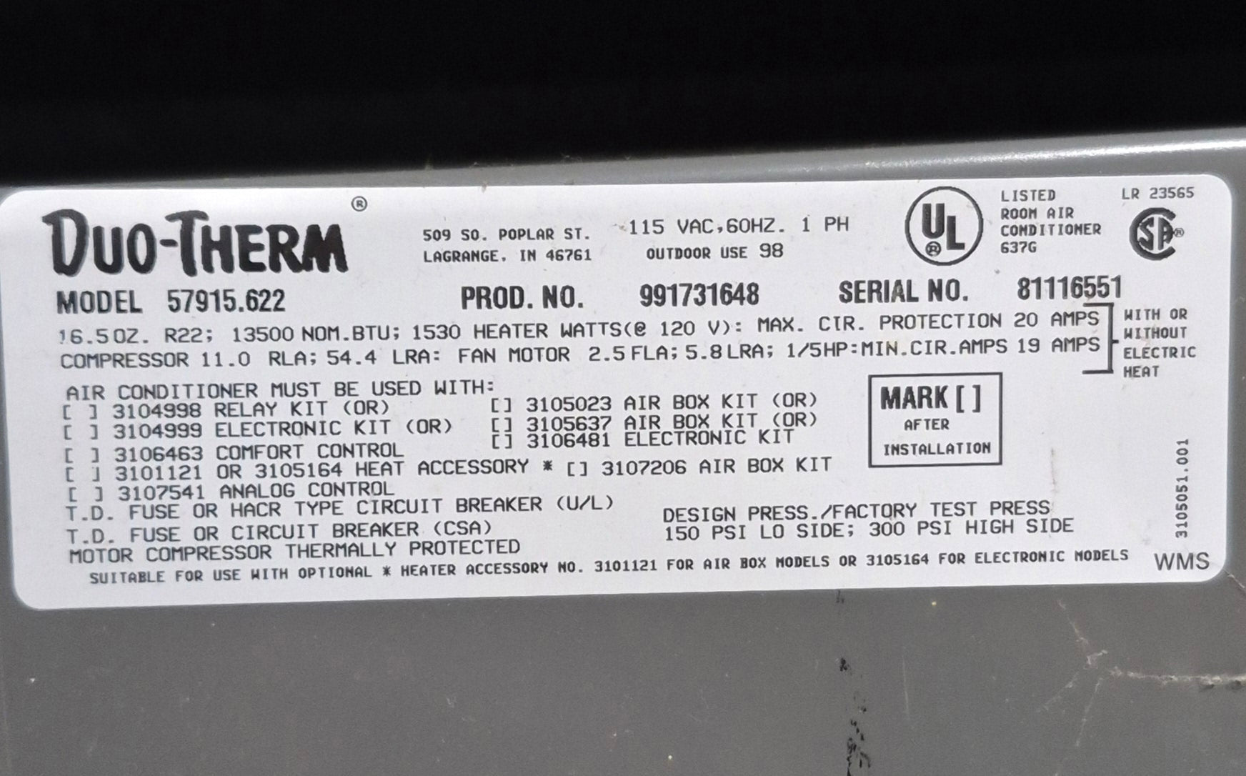 Used Duo - Therm Air conditioner Head Unit 57915.622 - 13500 BTU Cool Only - Young Farts RV Parts