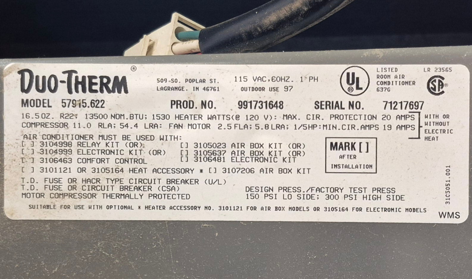 Used Duo - Therm Air conditioner Head Unit 57915.622 - 13500 BTU Cool Only - Young Farts RV Parts