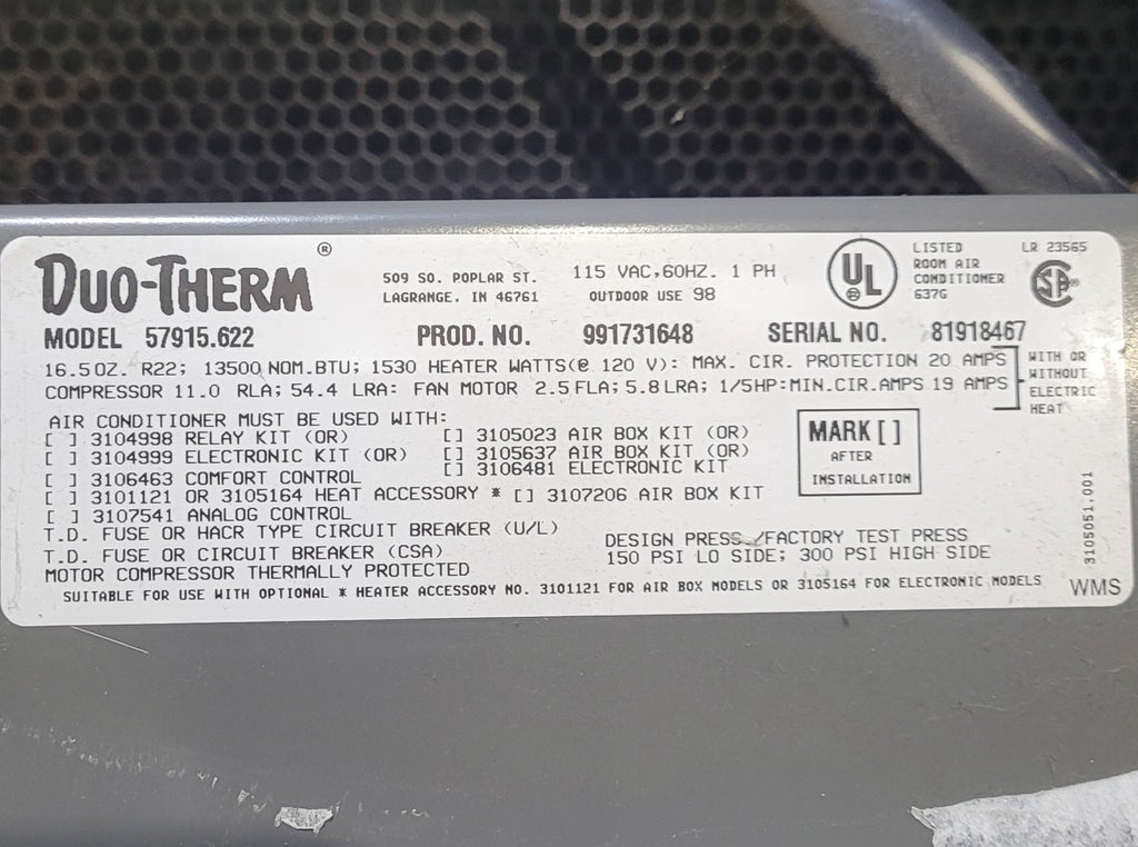 Used Duo - Therm Air conditioner Head Unit 57915.622 - 13500 BTU Cool Only - Young Farts RV Parts