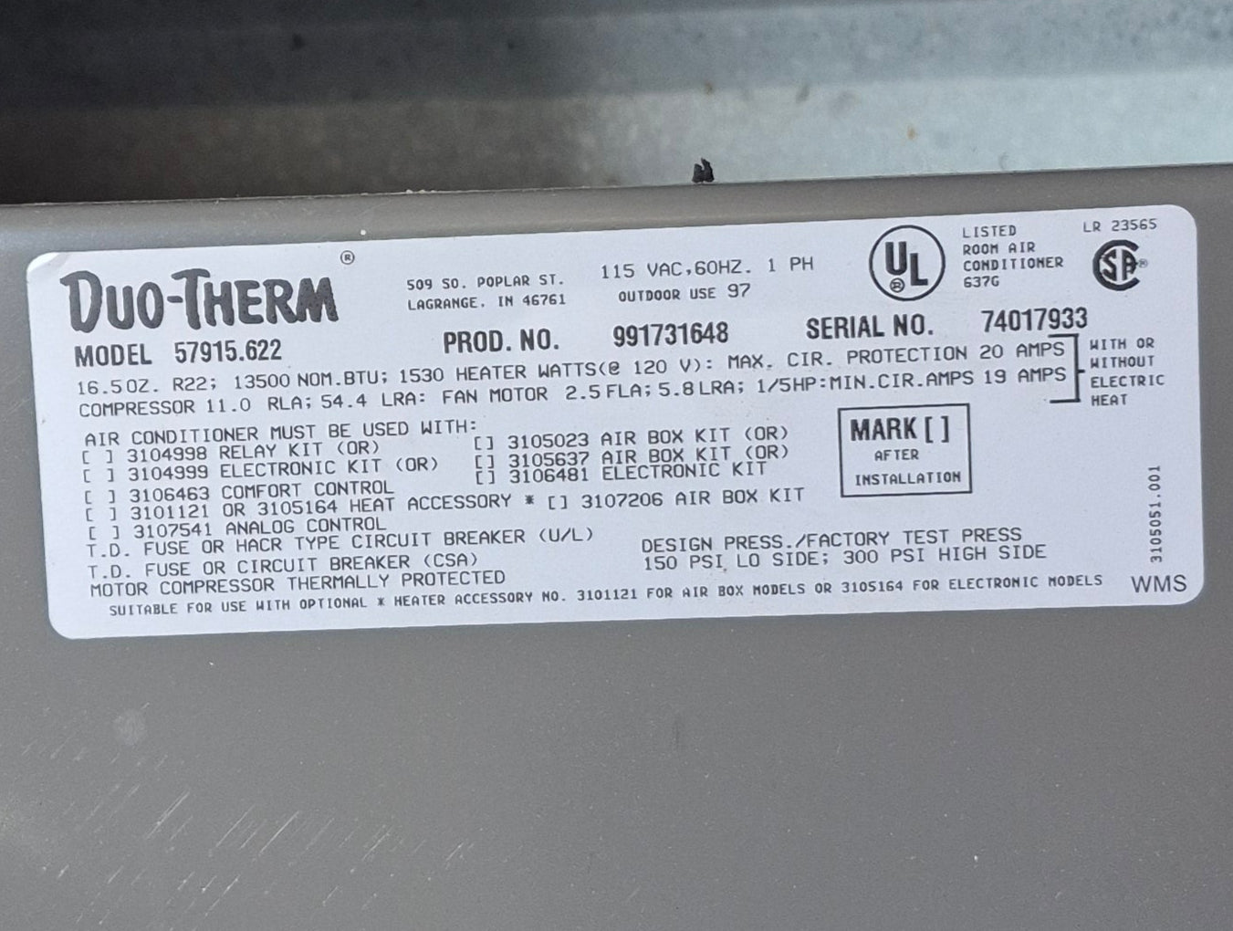 Used Duo - Therm Air conditioner Head Unit 57915.622 - 13500 BTU Cool Only - Young Farts RV Parts