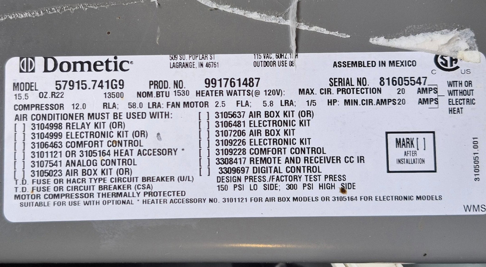 Used Duo - Therm Air Conditioner Head Unit 57915.741G9 - 13500BTU Cool Only - Young Farts RV Parts