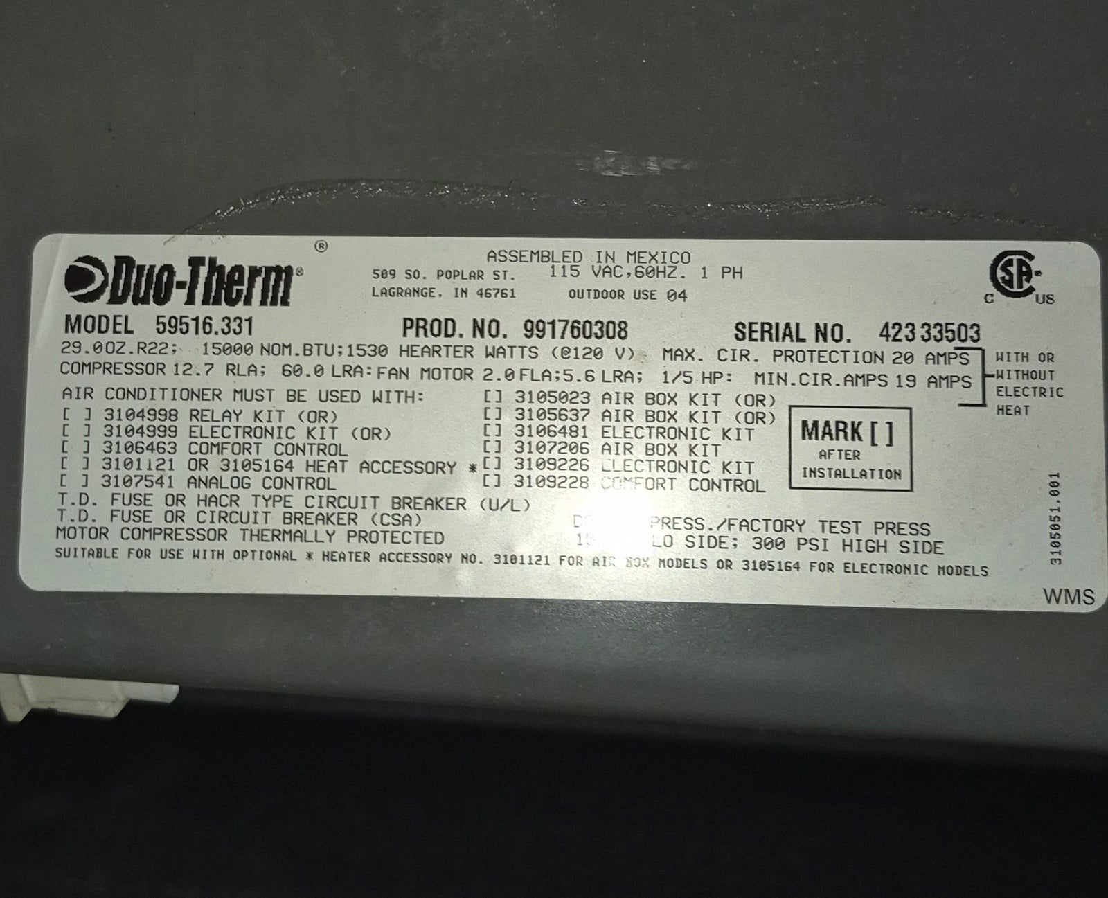 Used Duo - Therm Air Conditioner Head Unit 59516.331 - 15000 BTU Cool Only) - Young Farts RV Parts