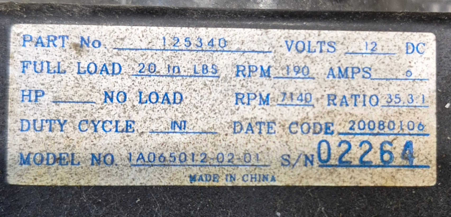 Used Electric Motor For R.V. Trailer Landing Gear 12VDC - 1A065012 - 02 - 01 (1 - 065 - 041012 - 01) - Young Farts RV Parts