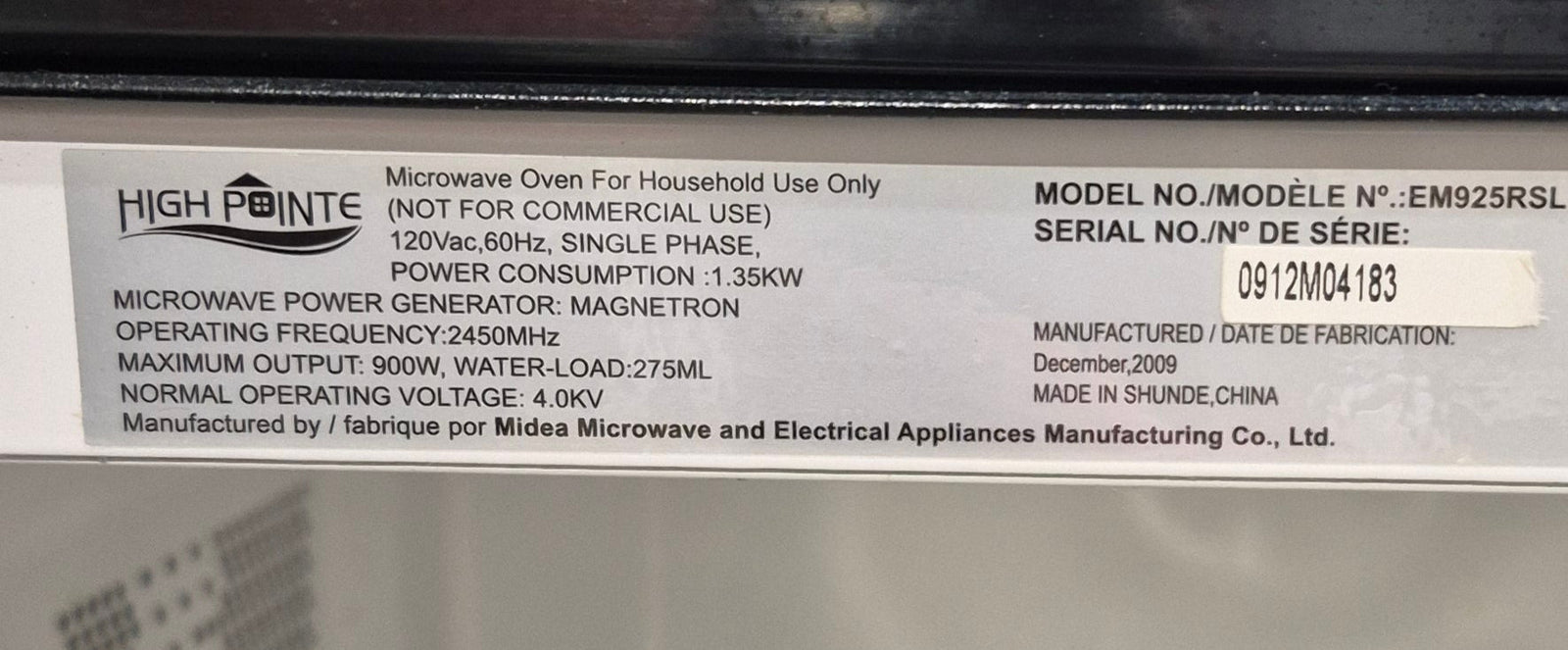 Used High Pointe RV Microwave 19 1/8