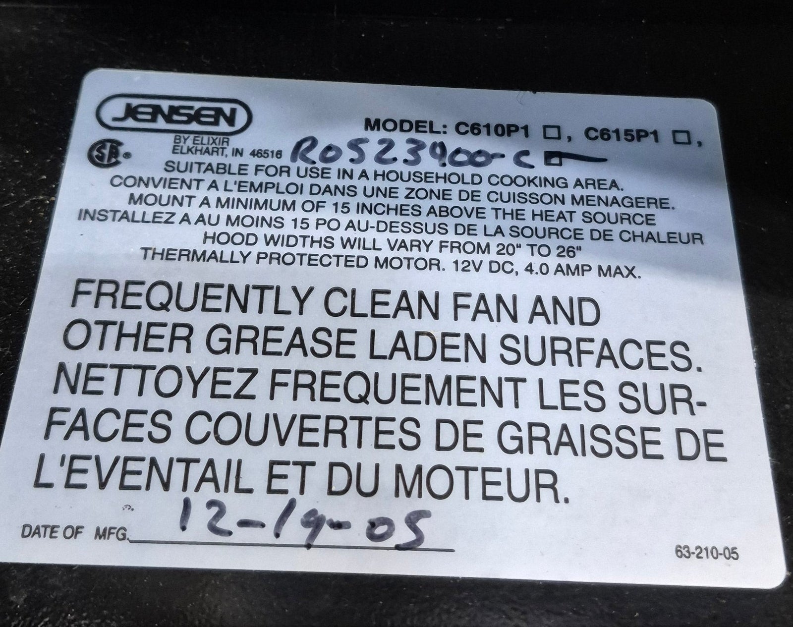 Used Jensen RV Range Hood Fan - R0523400 - C - Young Farts RV Parts