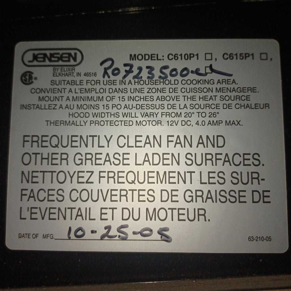 Used Jensen RV Range Hood Fan R0723500C - Young Farts RV Parts