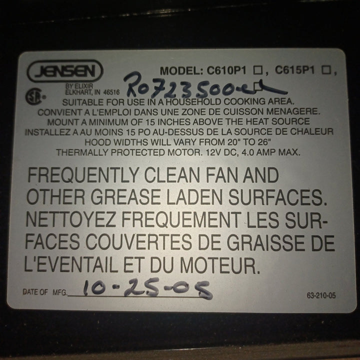 Used Jensen RV Range Hood Fan R0723500C - Young Farts RV Parts