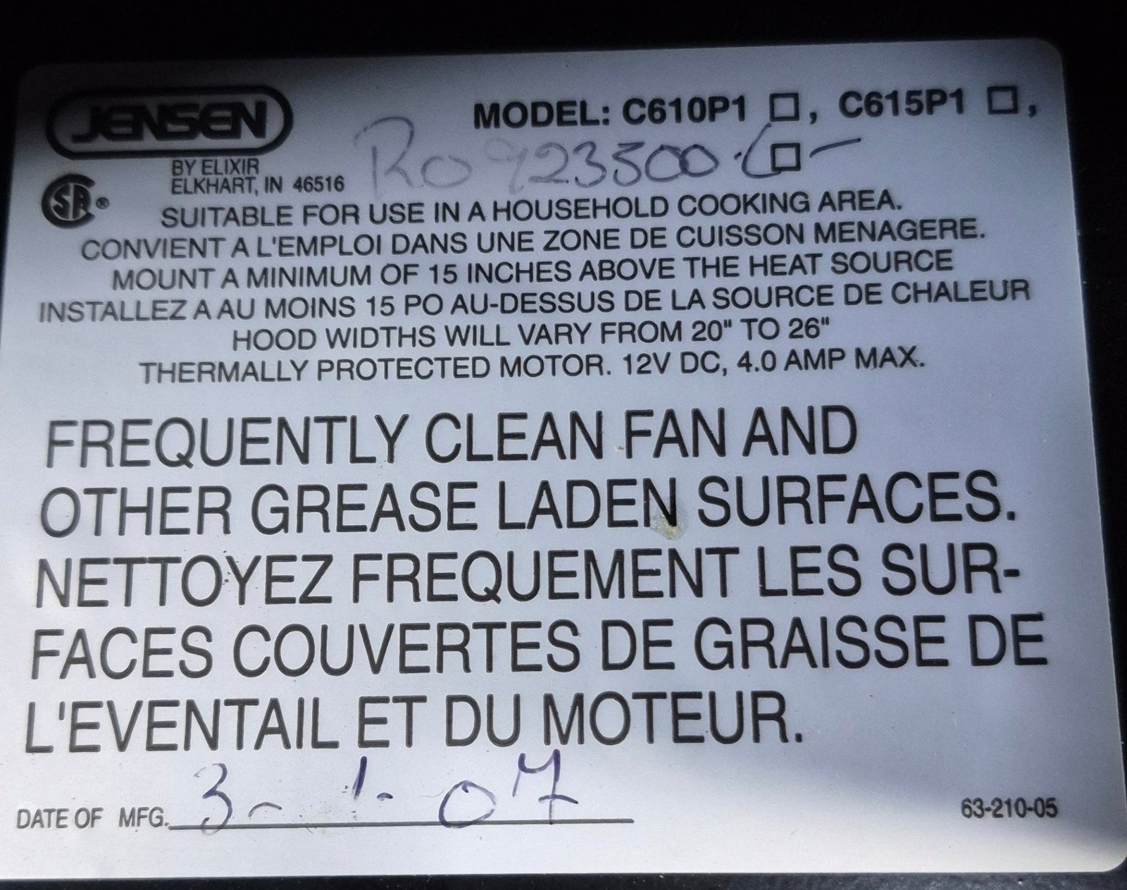 Used Jensen RV Range Hood Fan, With Tank Monitor - R0923300 - C - Young Farts RV Parts