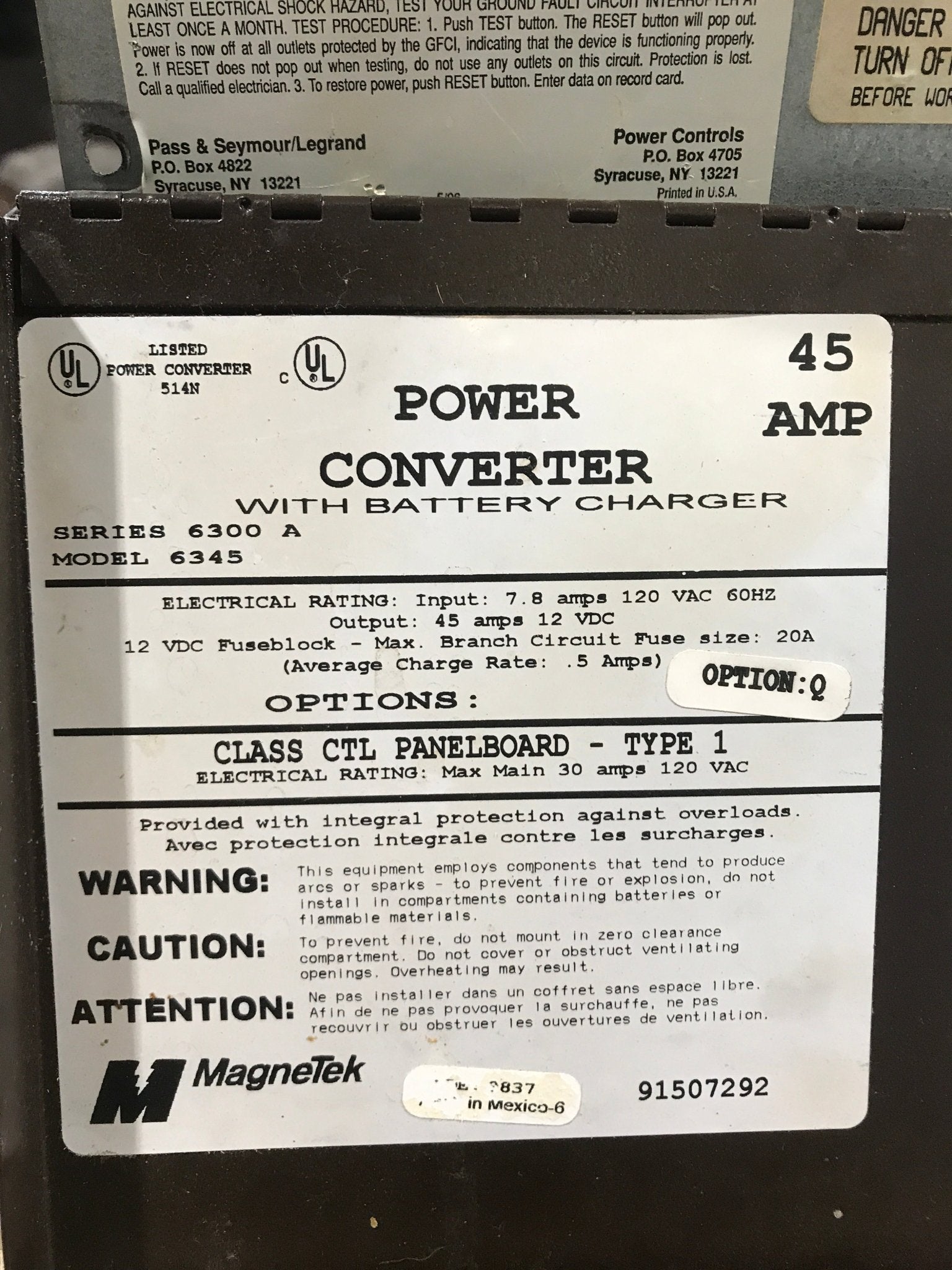 Used Magnetek 45 AMP Converter - Series 6300 A , Model 6345 - Young Farts RV Parts