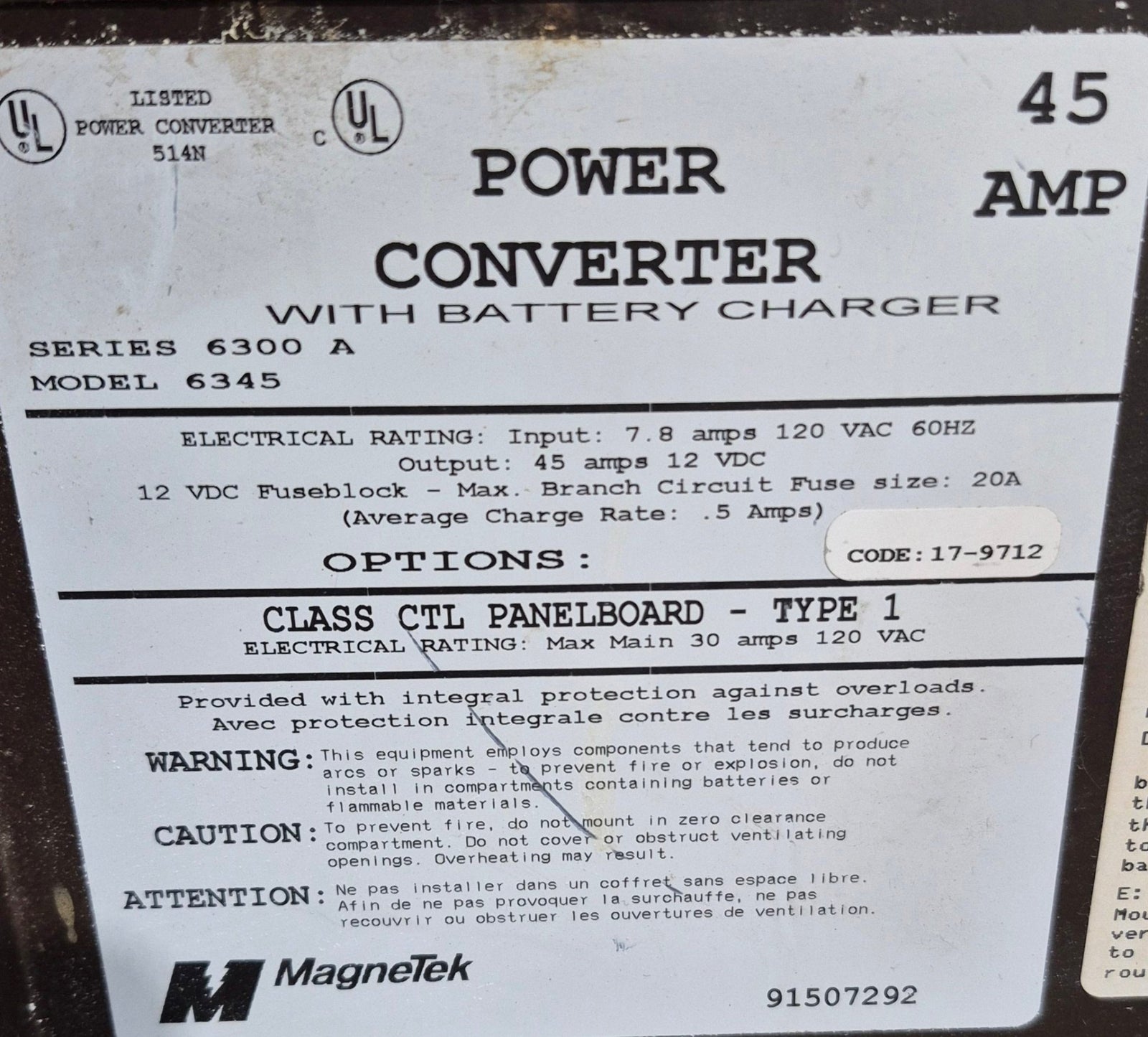 Used MAGNETEK 45 AMP Converter Series 6300 A Model 6345 - Young Farts RV Parts