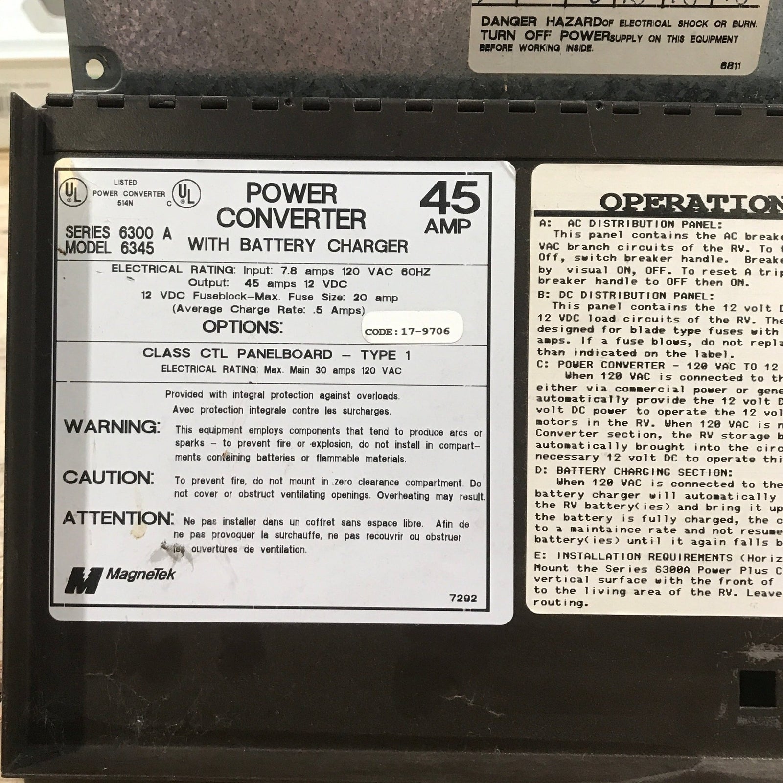 Used Magnetek 45 AMP Converter - Series 6300 A Model 6345 - Young Farts RV Parts