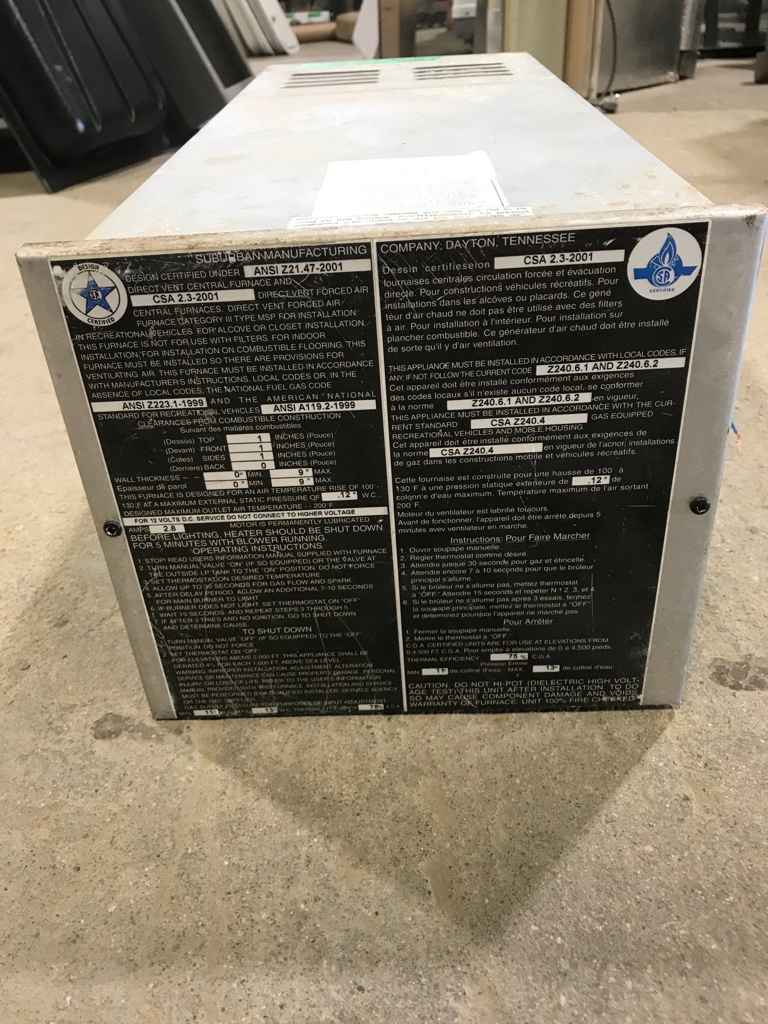 USED NT - 20S Suburban RV Propane Furnace 19000 BTU - Young Farts RV Parts
