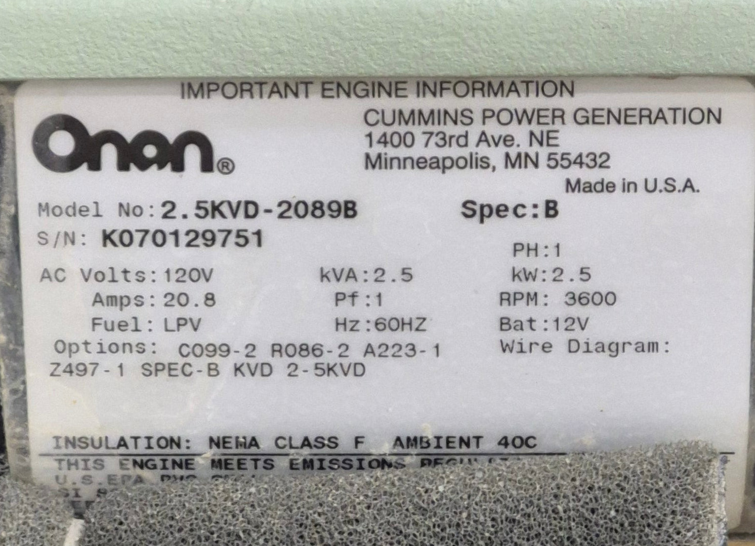 Used Onan 2500 Camp Power Onboard Generator - 2.5KVD - 2089B - Young Farts RV Parts