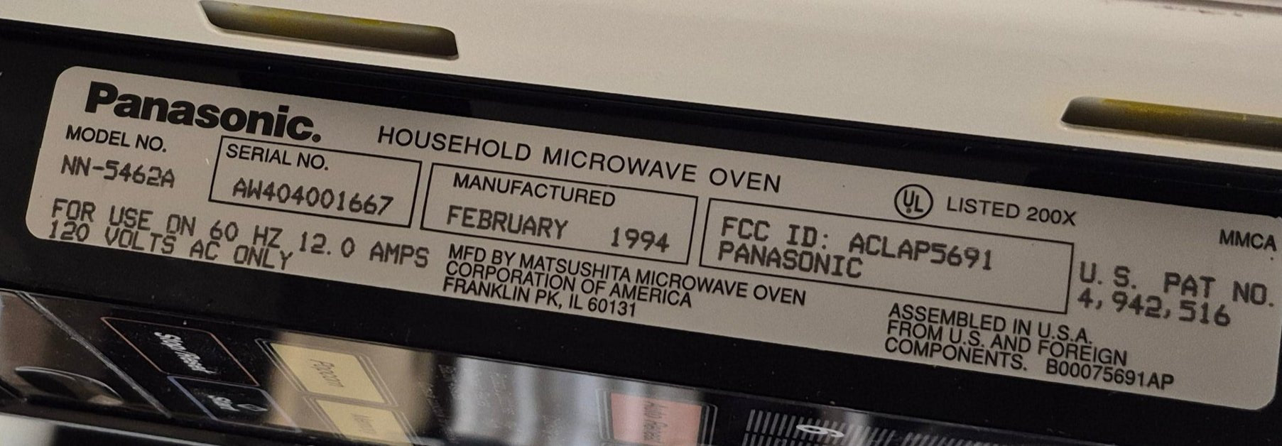 Used PANASONIC RV Microwave 20 1/8" W x 12" H x 14 1/2" D - Young Farts RV Parts