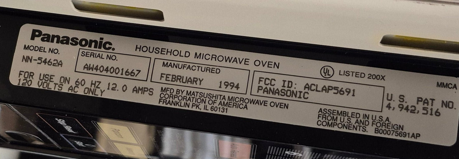 Used PANASONIC RV Microwave 20 1/8