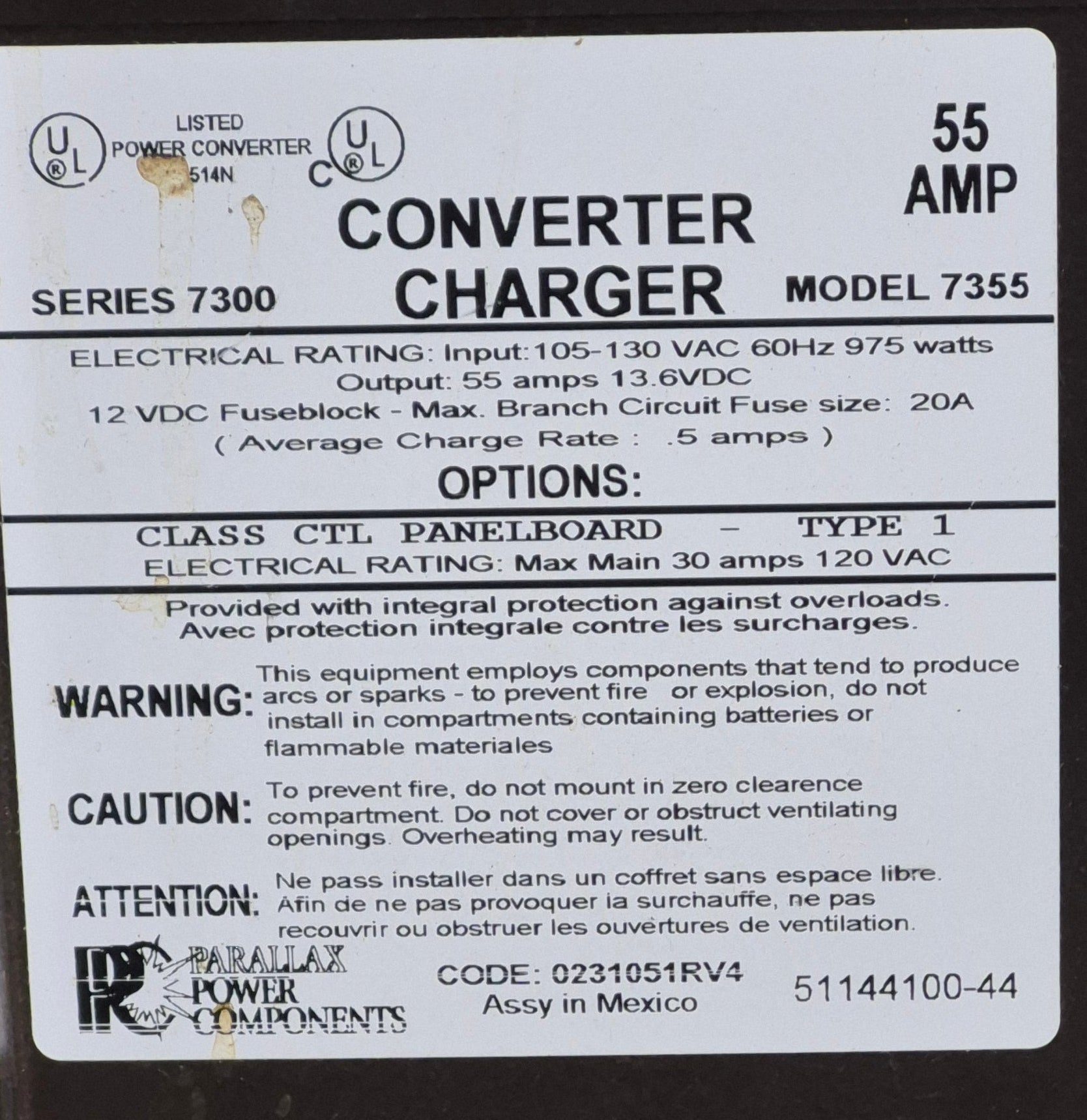 Used Parallax 55 AMP Converter - Series 7300 , Model 7355 - Young Farts RV Parts
