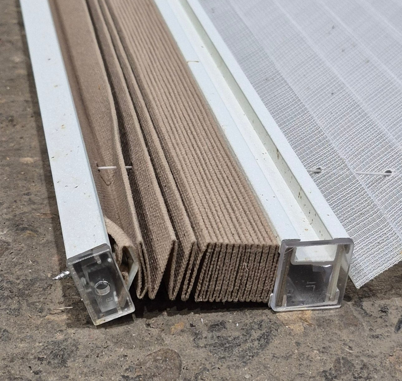 Used Pleated Day / Night Shade, White / Tan - 49 7/8" W x 28" L - Young Farts RV Parts