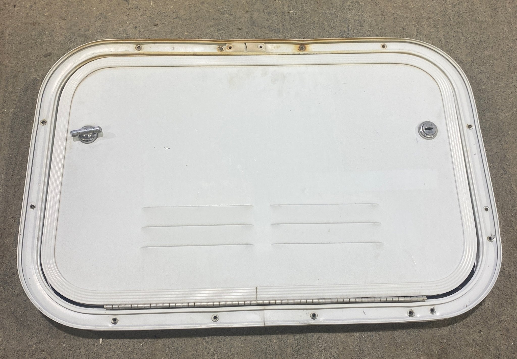 Used Radius Cornered Battery / Propane Cargo Door 18 3/4" x 11 3/4" x 3/4" D - Young Farts RV Parts