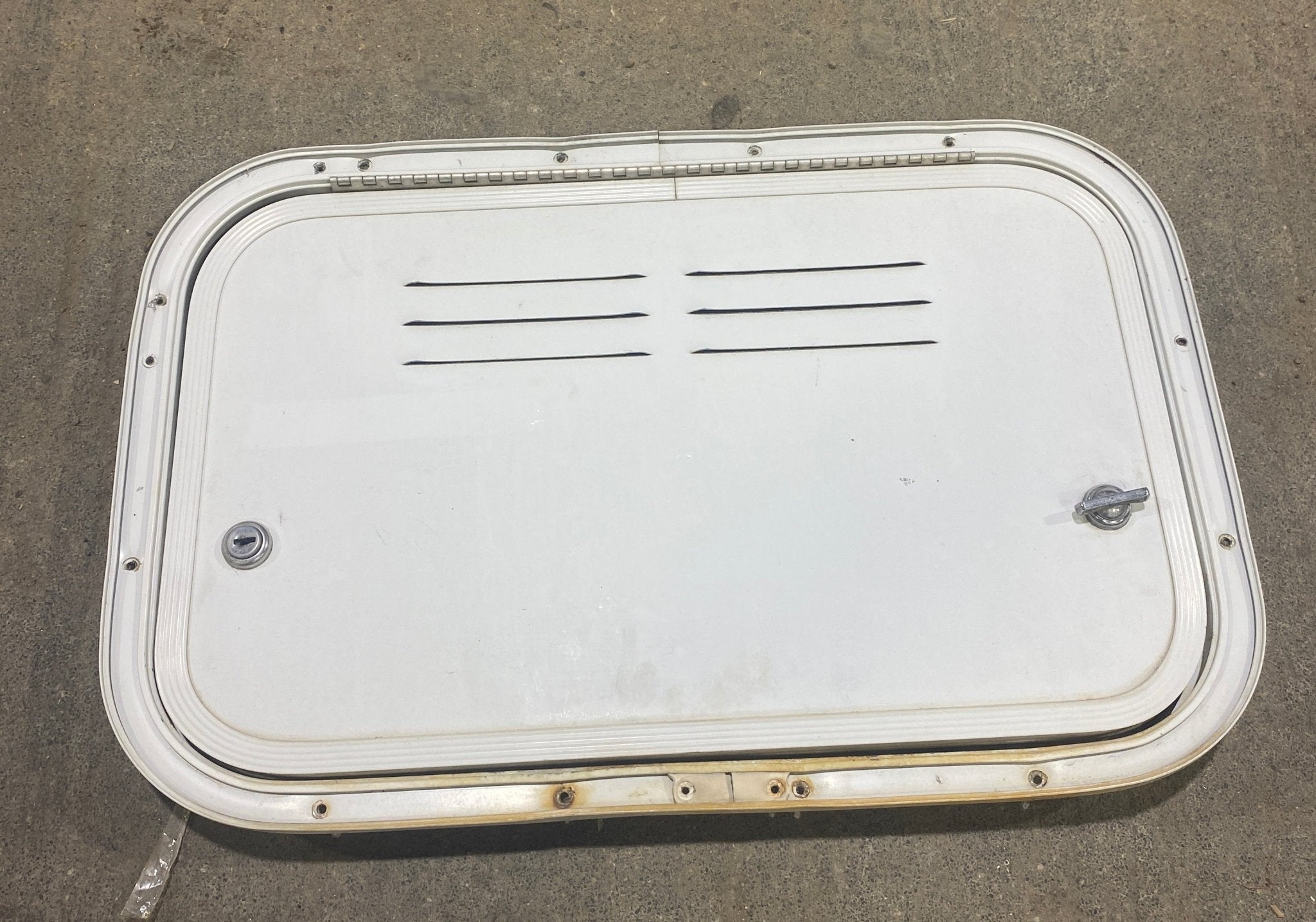 Used Radius Cornered Battery / Propane Cargo Door 18 3/4" x 11 3/4" x 3/4" D - Young Farts RV Parts