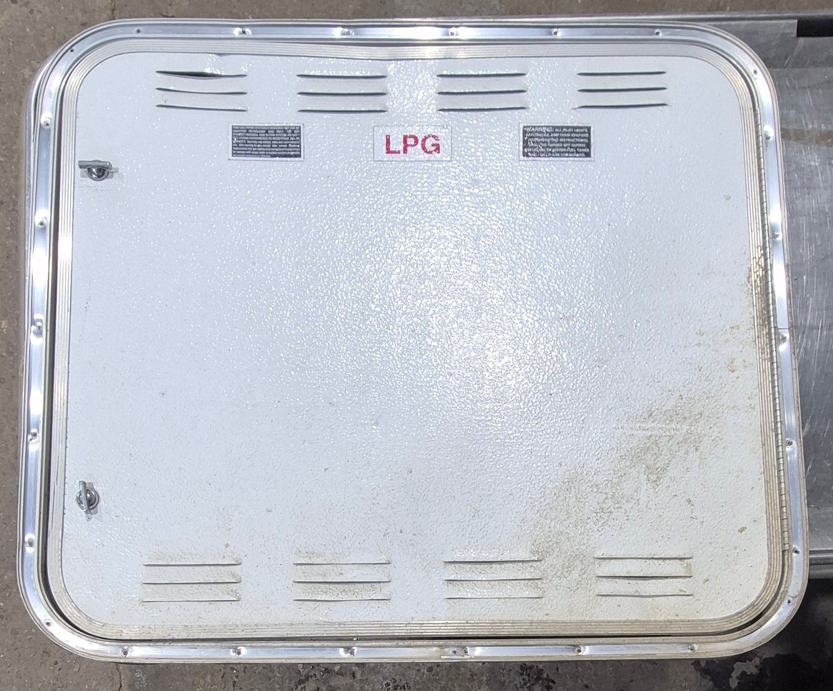Used Radius Cornered Battery / Propane Cargo Door 29 7/8" x 25 7/8" x 5/8"D - Young Farts RV Parts