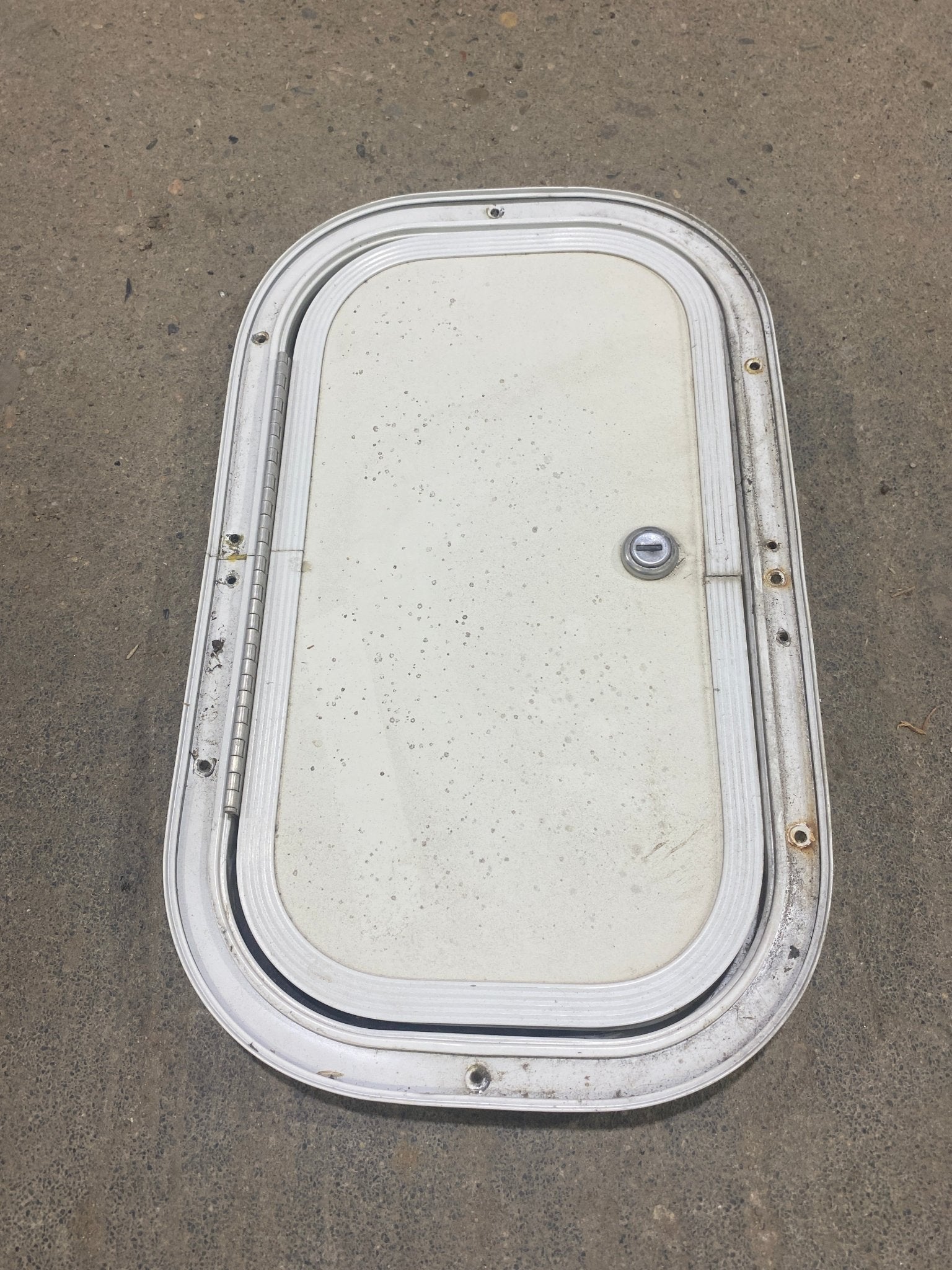Used Radius Cornered Cargo Door 13 3/4" W x 7 3/4" H x 3/4" D - Young Farts RV Parts