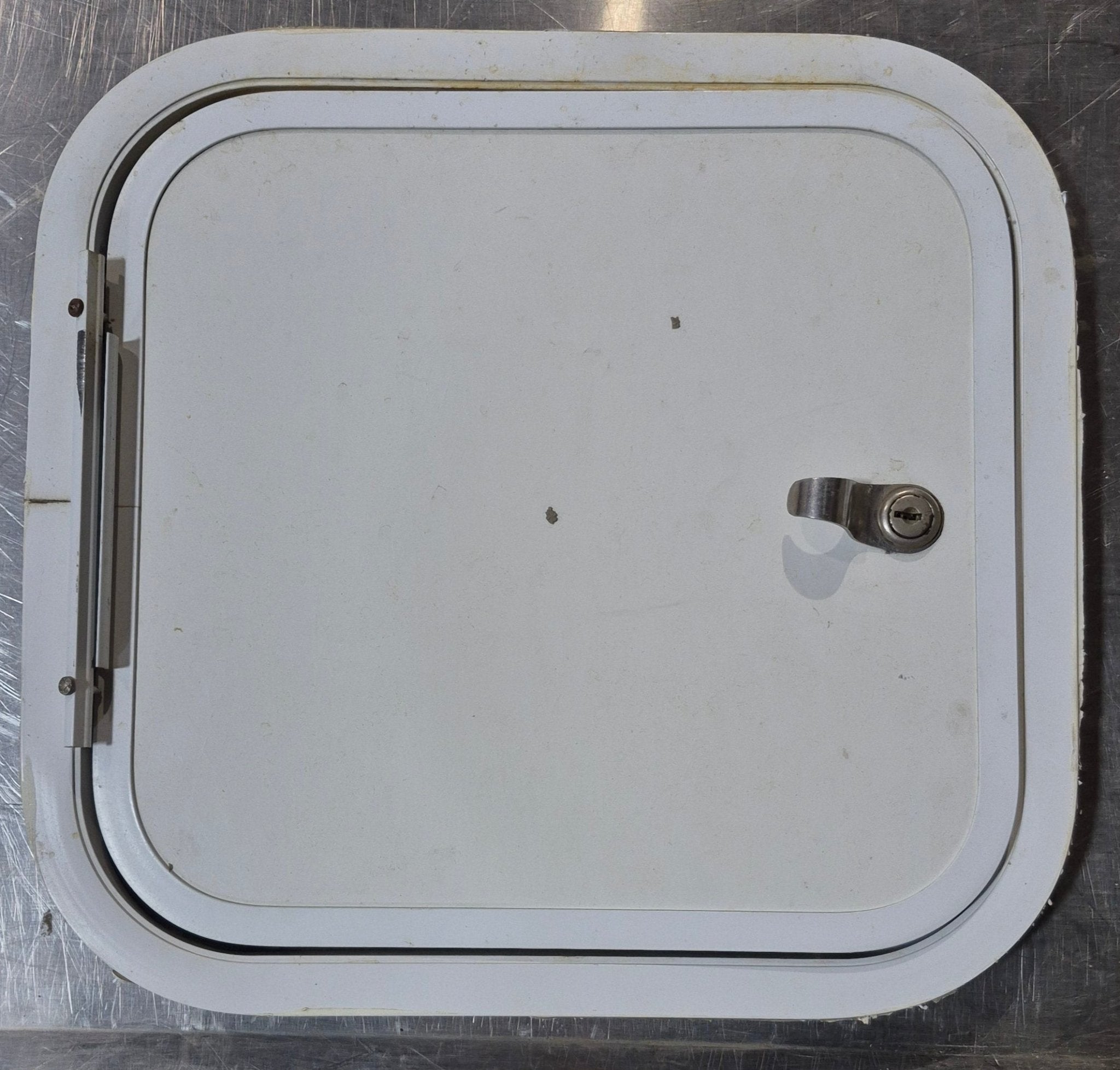 Used Radius Cornered Cargo Door 13 5/8" x 12 3/4" x 3/4" D - Young Farts RV Parts