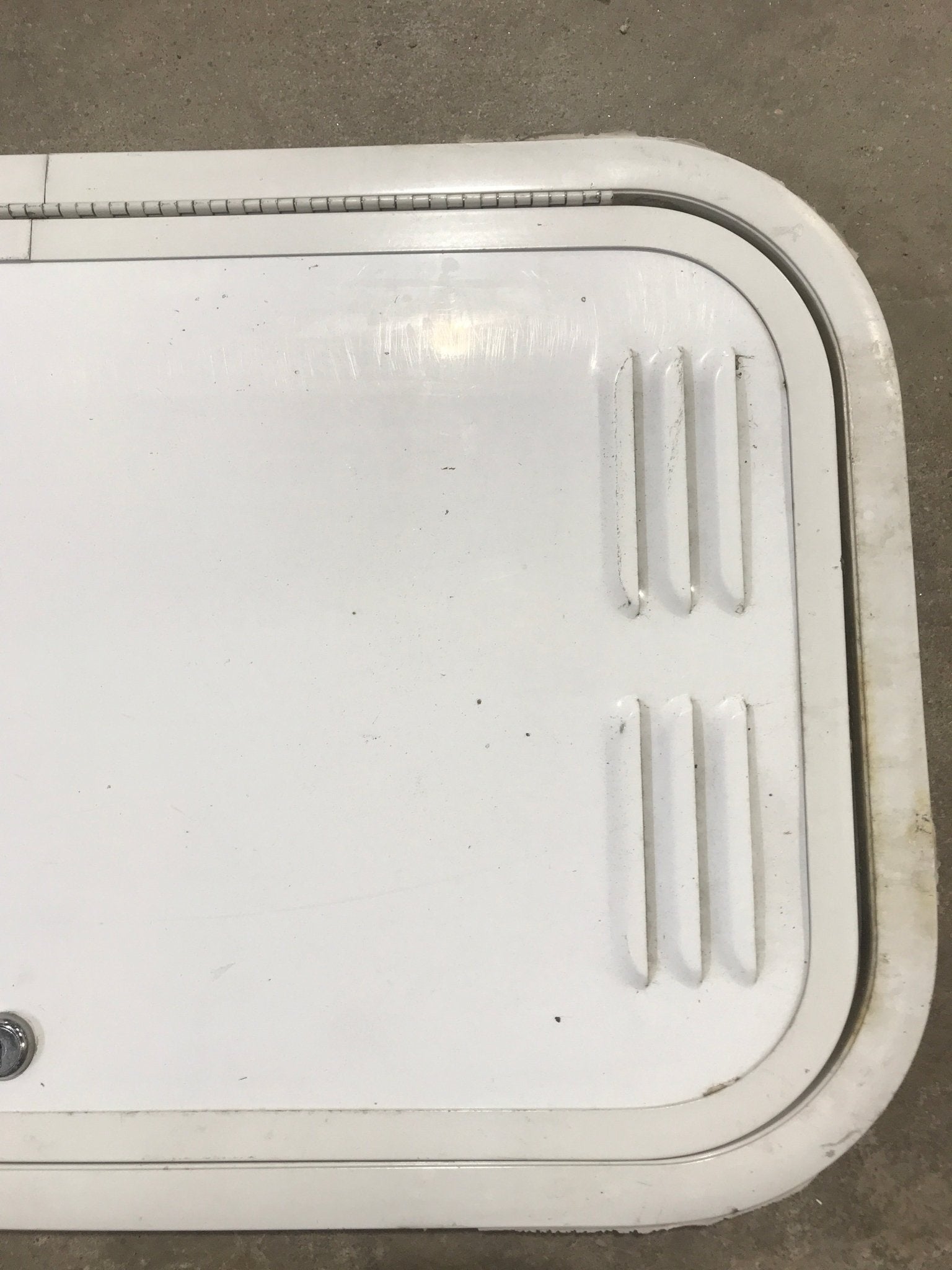 Used Radius Cornered Propane / Battery Cargo Door 13 3/4" x 24" x 1"D - Young Farts RV Parts