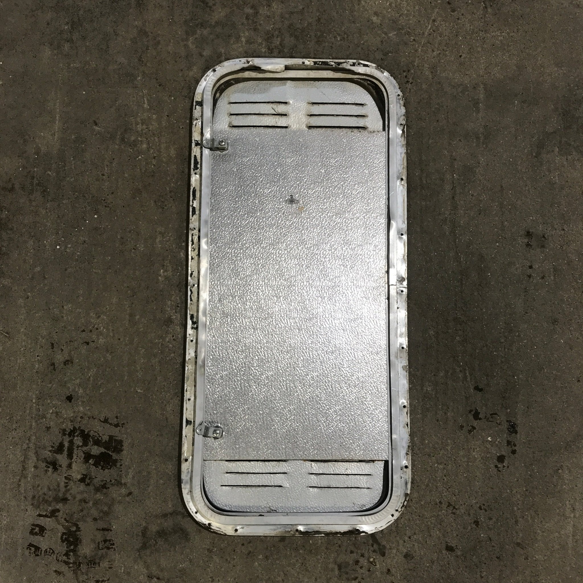 Used Radius Cornered Propane / Battery Cargo Door 13 3/4" x 31 3/4" x 3/4" D - Young Farts RV Parts