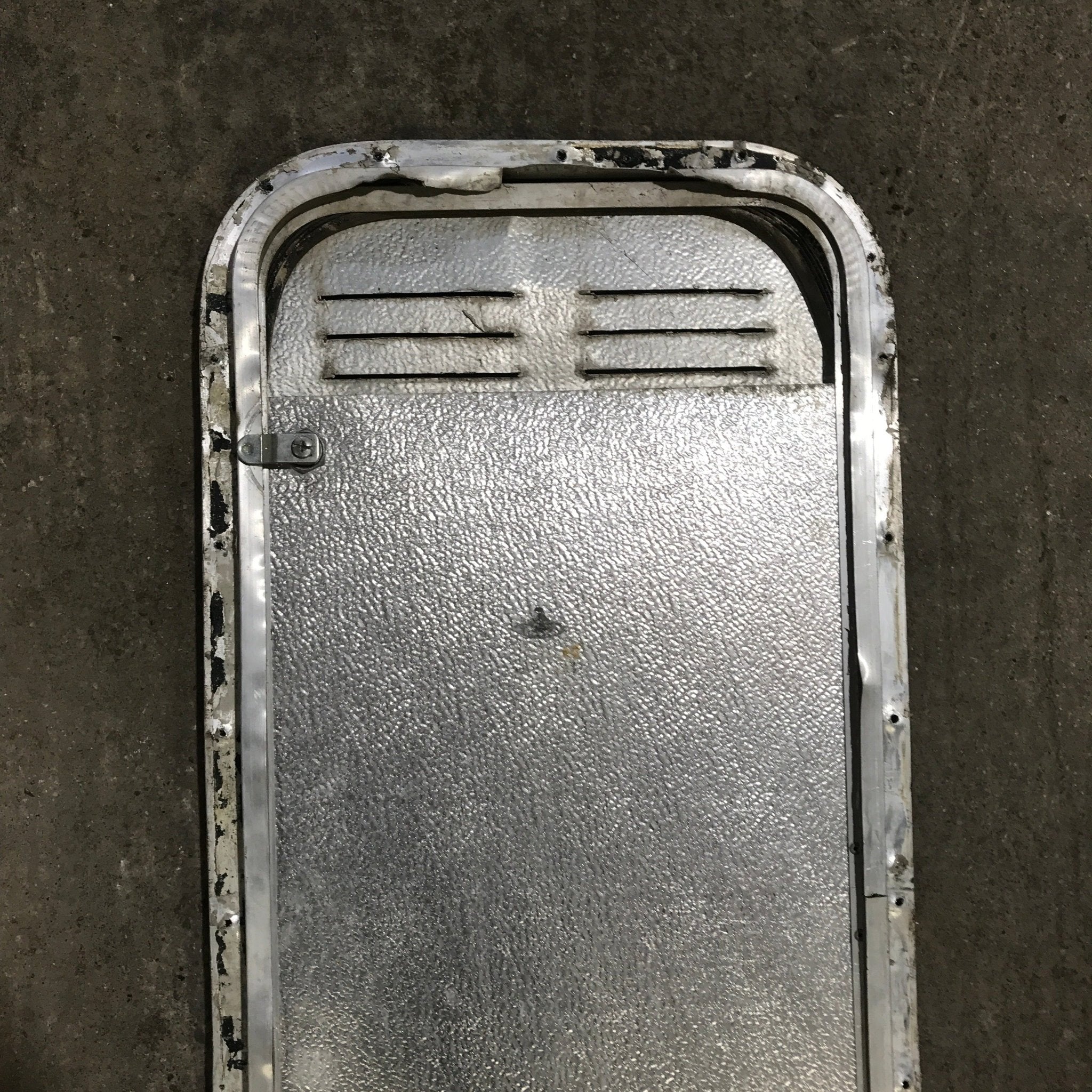Used Radius Cornered Propane / Battery Cargo Door 13 3/4" x 31 3/4" x 3/4" D - Young Farts RV Parts