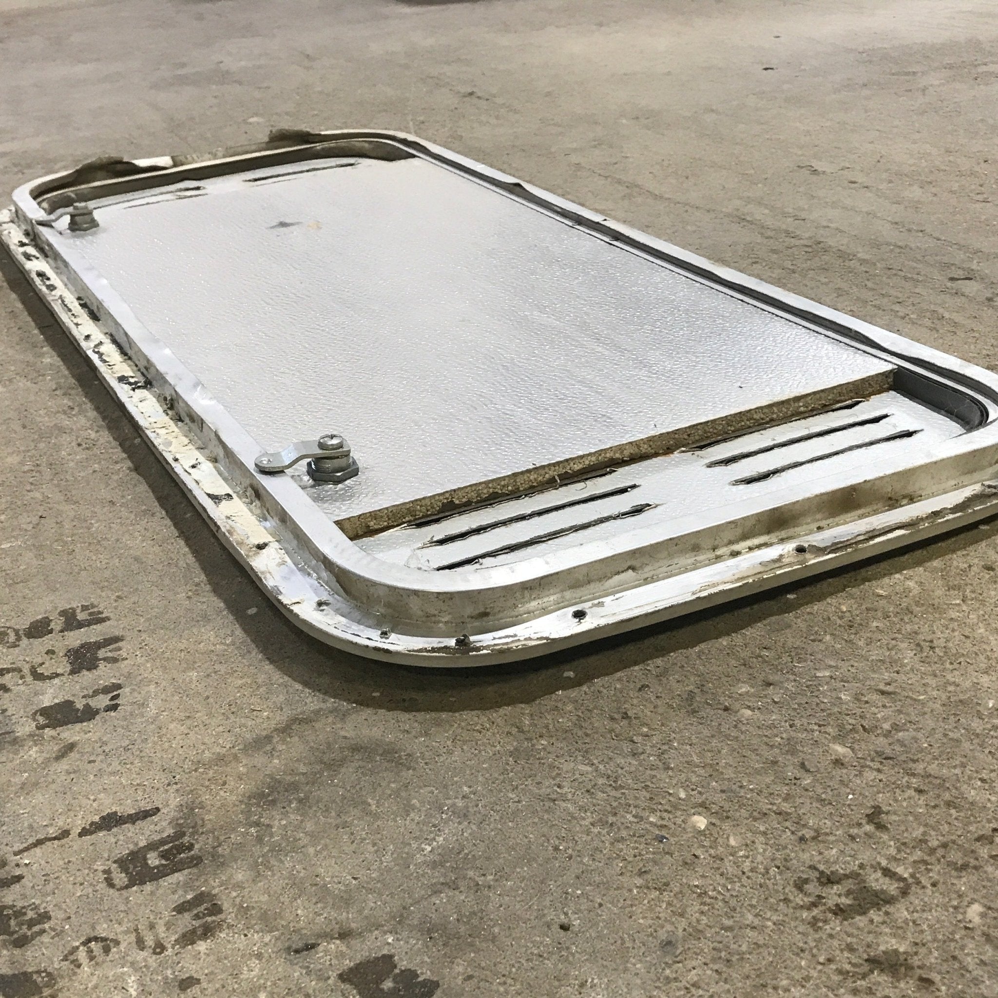 Used Radius Cornered Propane / Battery Cargo Door 13 3/4" x 31 3/4" x 3/4" D - Young Farts RV Parts