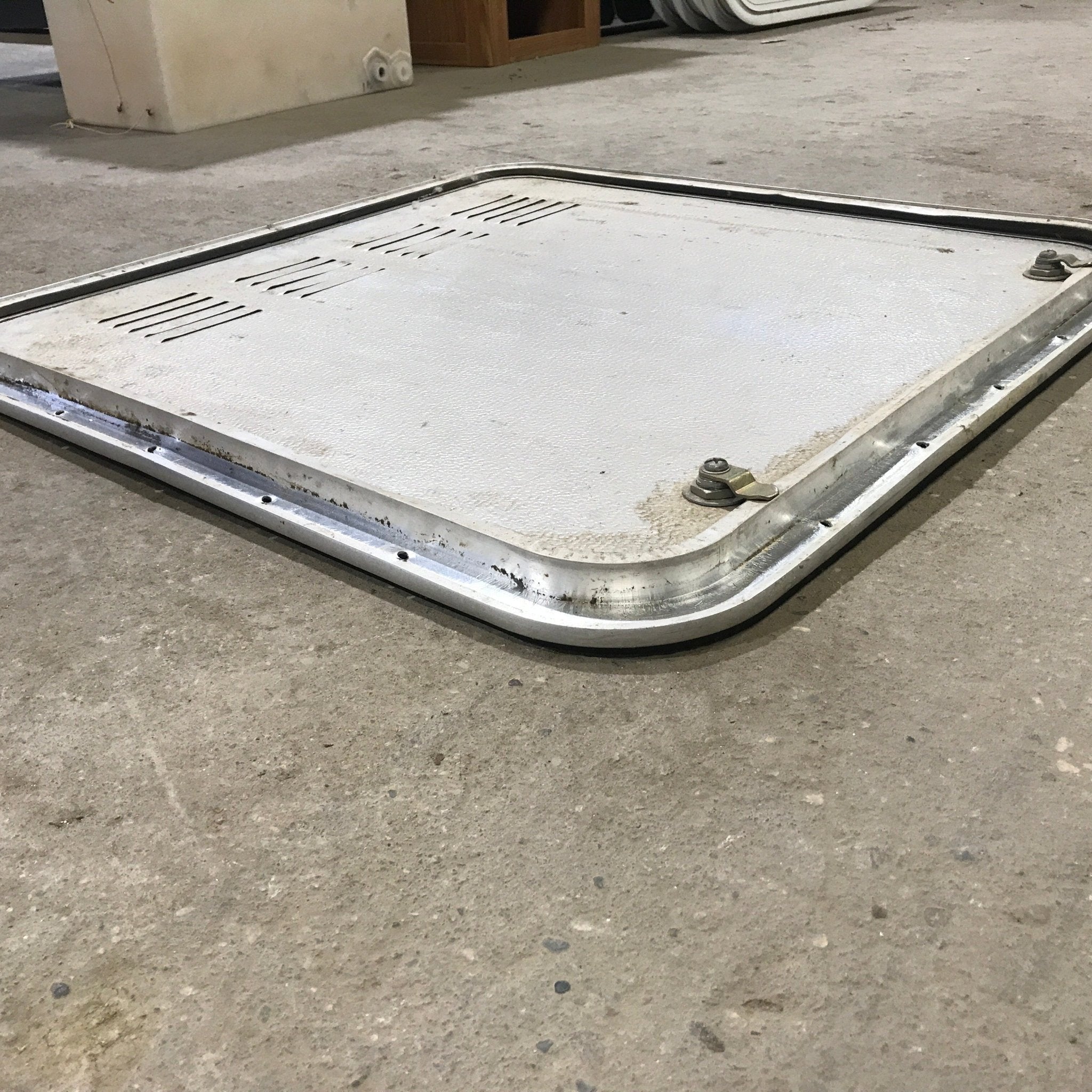 Used Radius Cornered Propane / Battery Cargo Door 26" x 26" x 1 1/4" D - Young Farts RV Parts