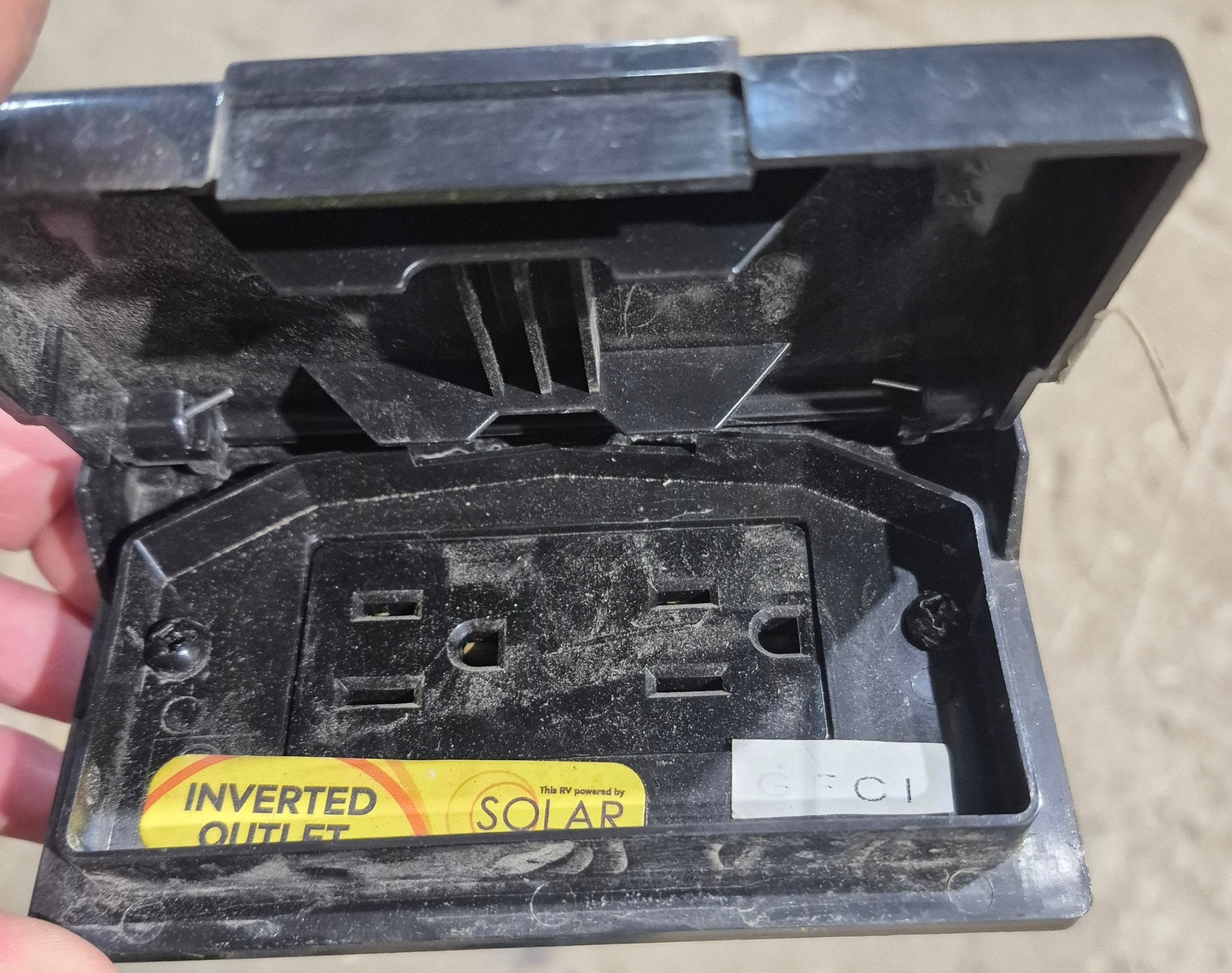 Used RV 110 Volt GFI Wall Receptacle / Outlet, Black, With Exterior Cover - Young Farts RV Parts