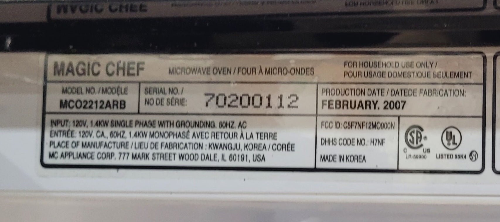 Used RV OTR Microwave Magic Chef 22 1/4" W x 16" H x 15 3/4" D - Young Farts RV Parts