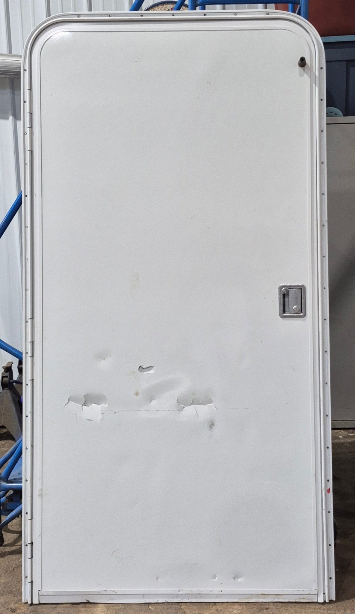 Used RV Radius Toy Hauler Garage Door 35 1/2" x 72" - Young Farts RV Parts