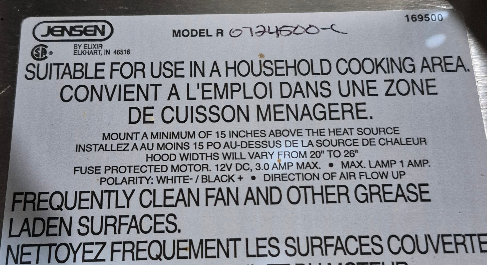 Used RV Range Hood Fan - Jensen Model R 0724500 - C (169500) - Young Farts RV Parts