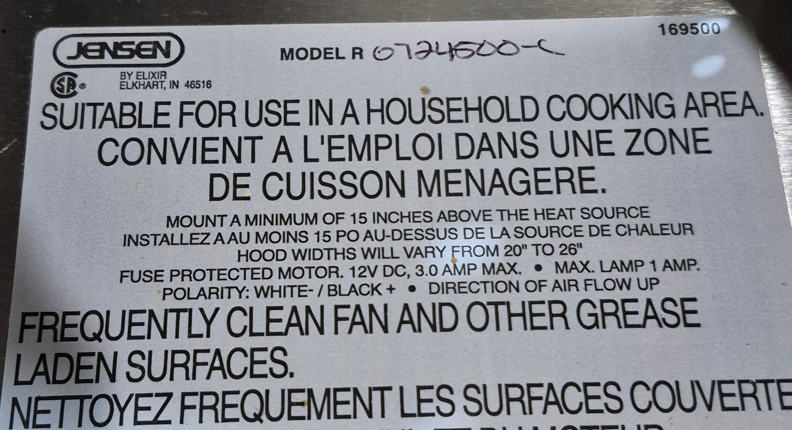 Used RV Range Hood Fan - Jensen Model R 0724500 - C (169500) - Young Farts RV Parts
