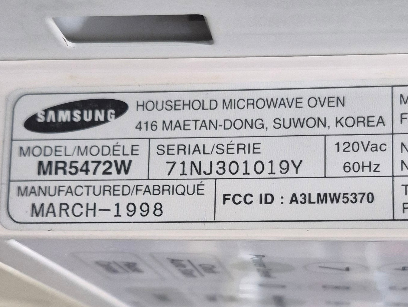 Used Samsung RV Microwave 20 1/4" W x 11 1/2" H x 13 1/2" D - Young Farts RV Parts