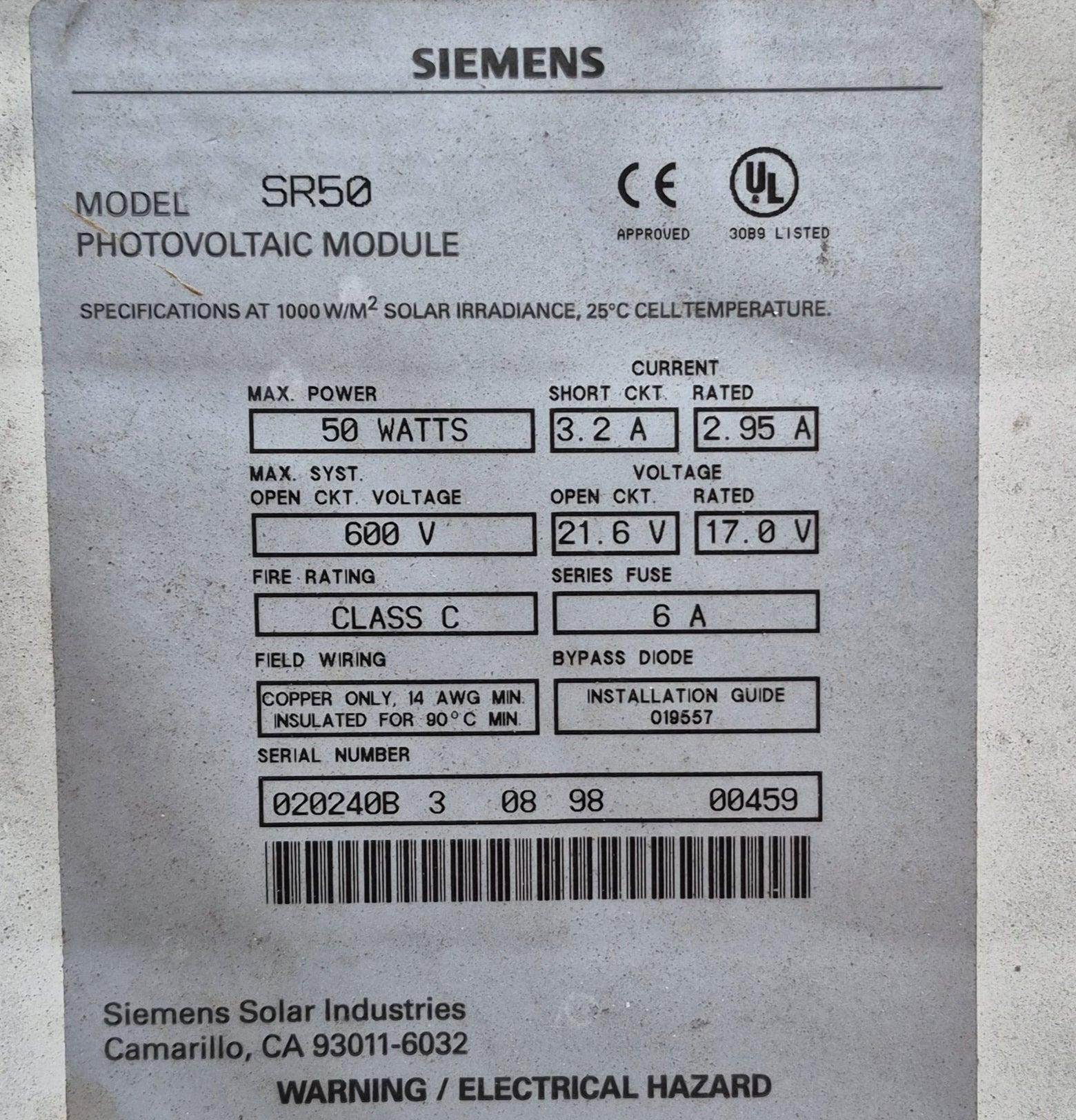 Used SIEMENS Solar Panel 50 WATT - Model SR50 - Young Farts RV Parts