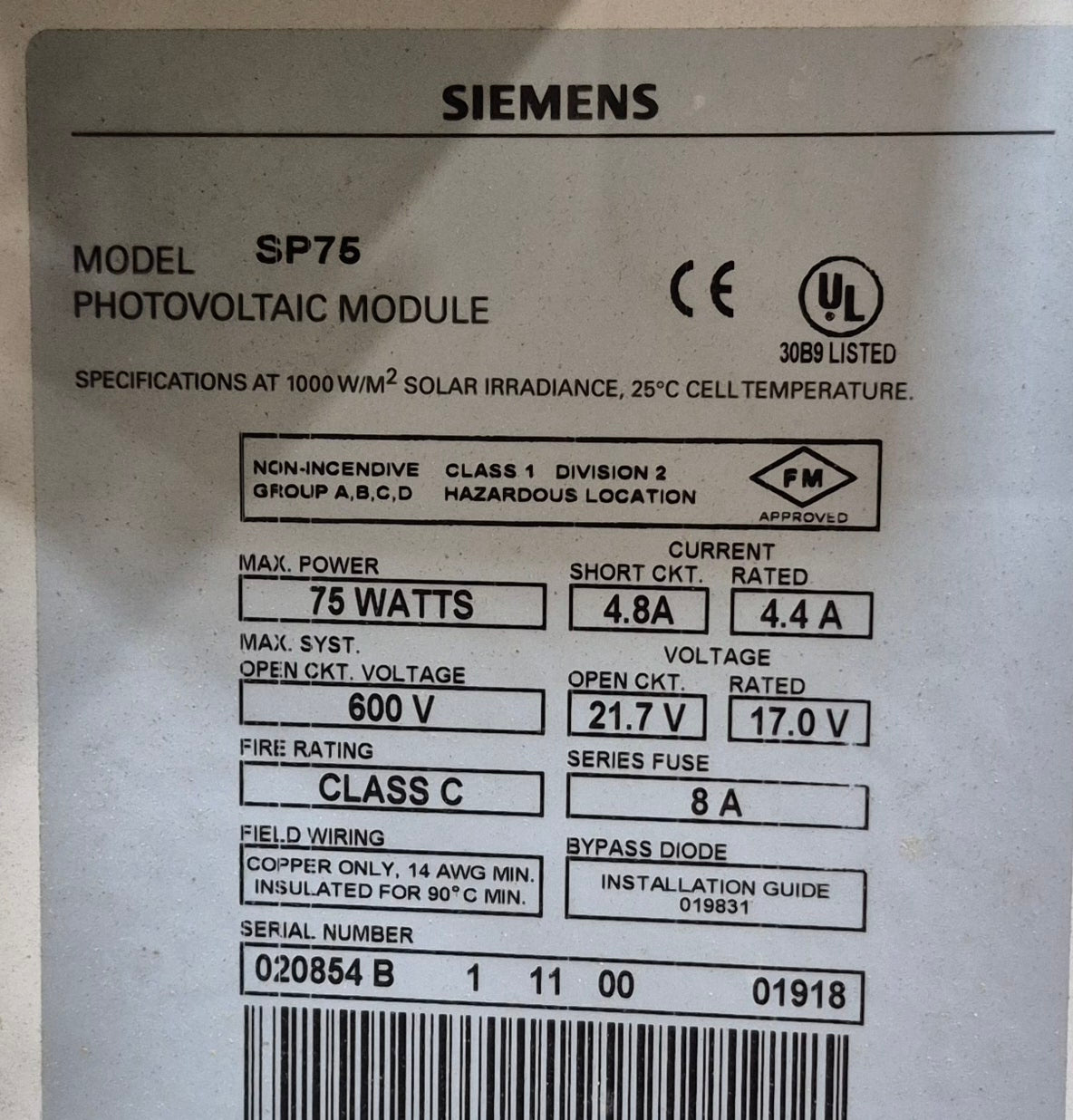 Used SIEMENS Solar Panel 75 WATT - Model SP75 - Young Farts RV Parts