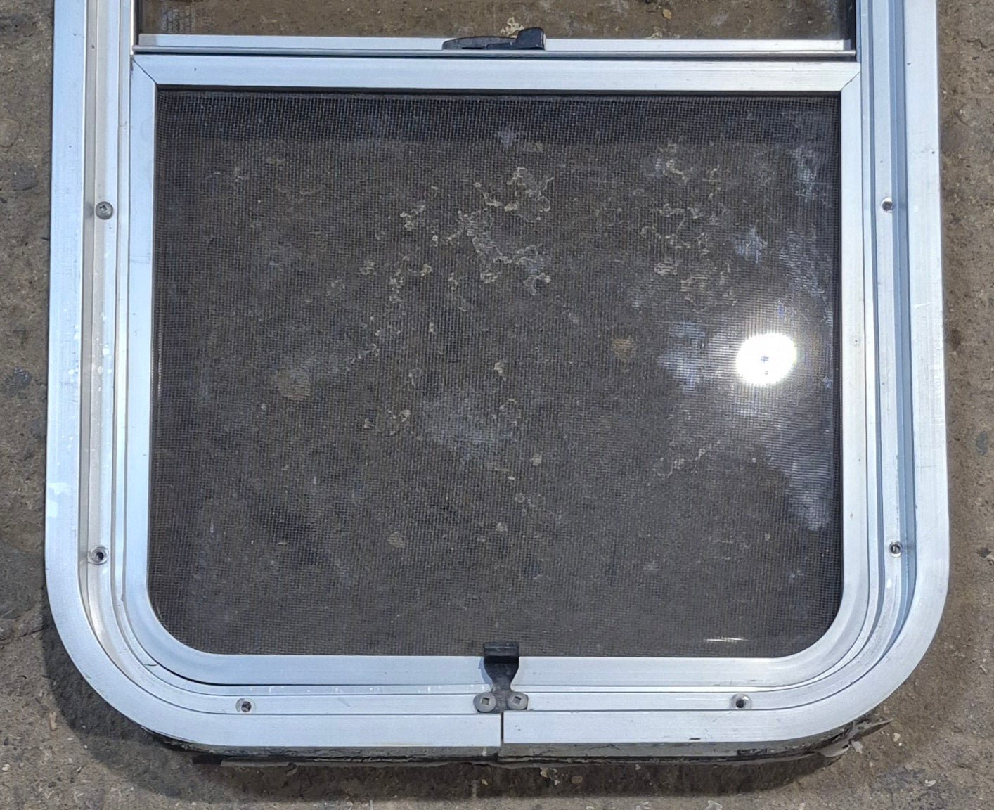 Used Silver Radius Opening Window : 16" W x 27 1/2" H x 1 3/4" D - Young Farts RV Parts