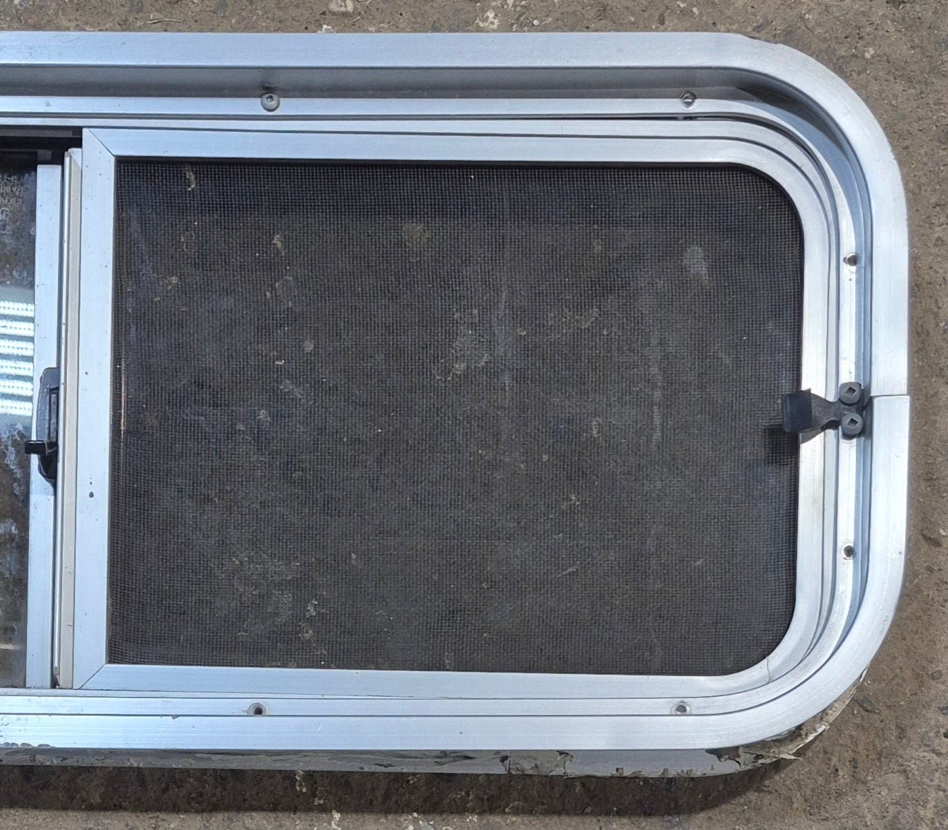 Used Silver Radius Opening Window : 30" W x 11 1/2" H x 1 3/4" D - Young Farts RV Parts
