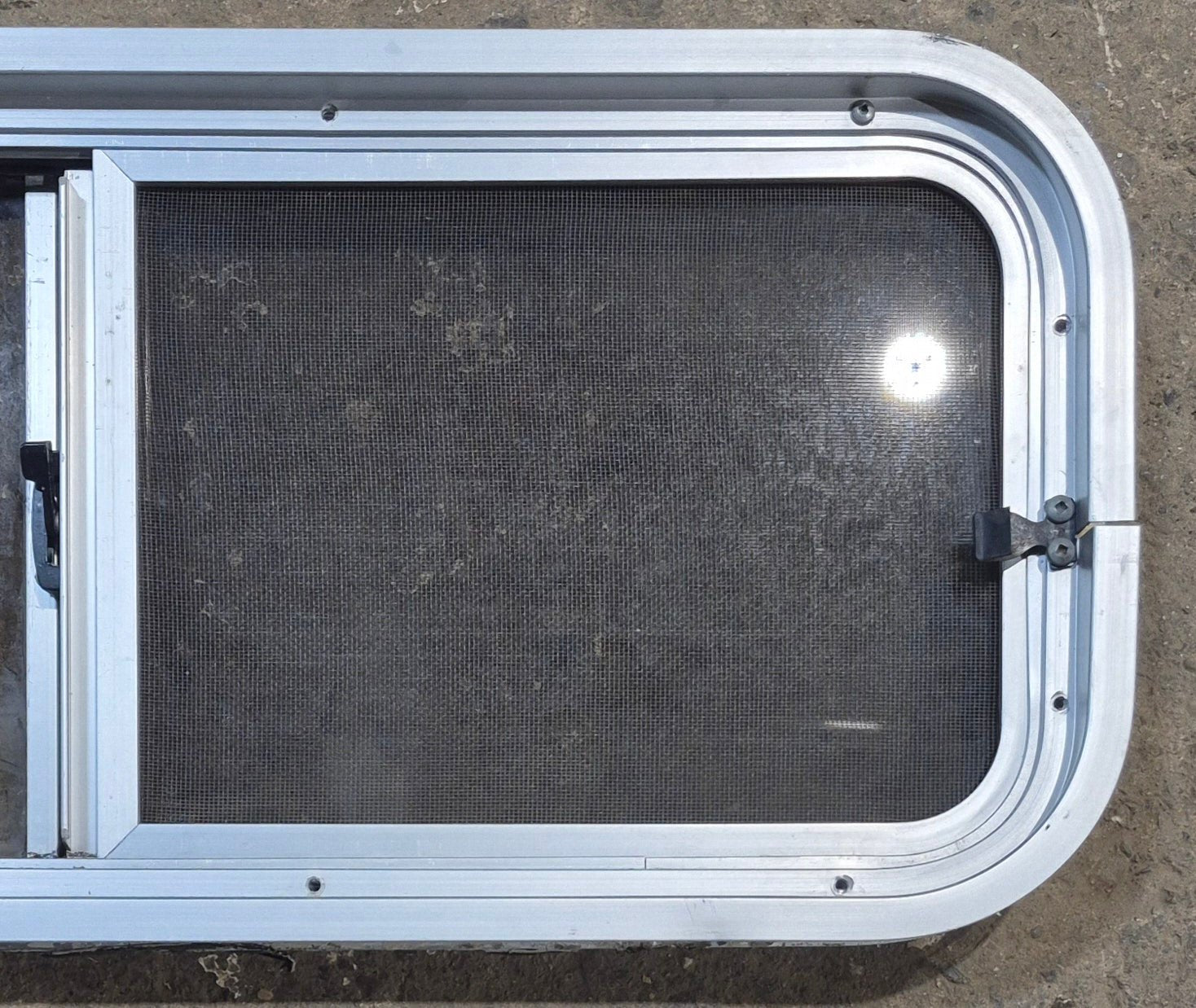 Used Silver Radius Opening Window : 30" W x 11 1/2" H x 1 3/4" D - Young Farts RV Parts