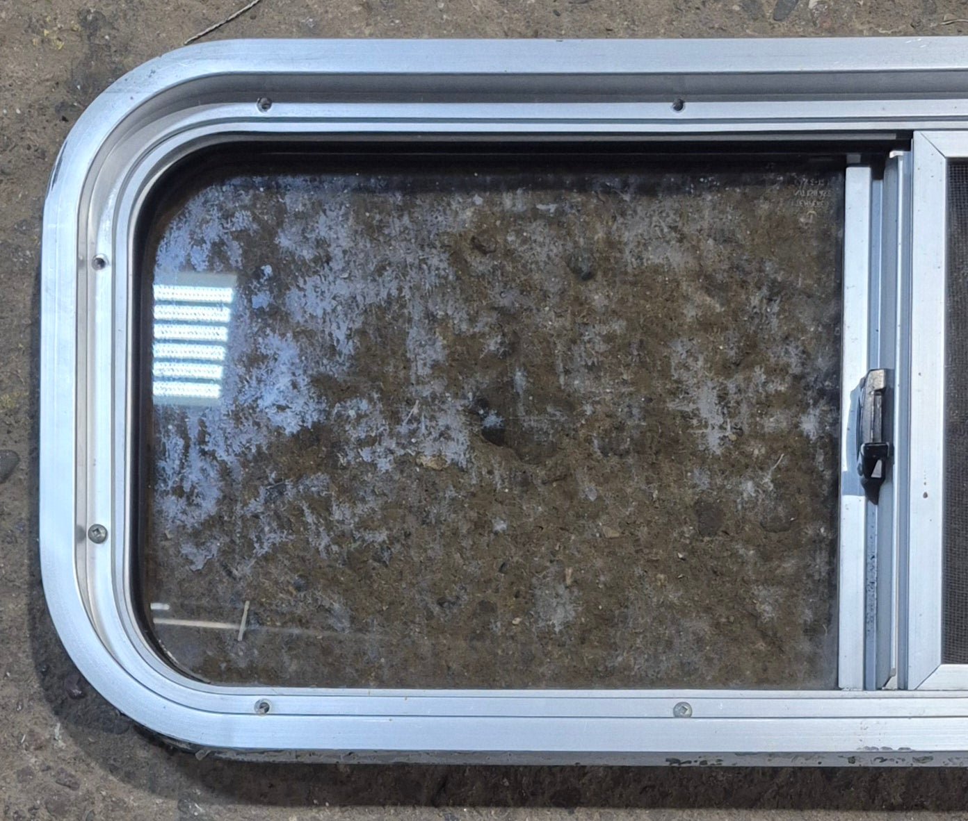 Used Silver Radius Opening Window : 30" W x 11 1/2" H x 1 3/4" D - Young Farts RV Parts