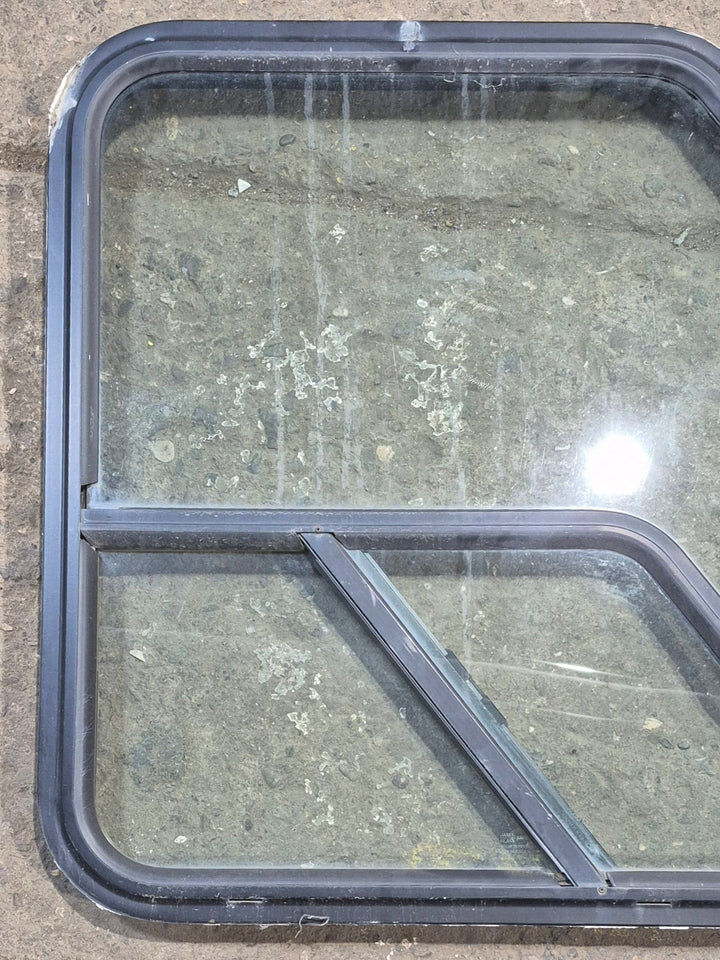 Used Slanted Black Radius Opening Window : 36 1/4" W x 26 1/2" H x 1 3/4" D - Motorhome Front Passenger Side - Young Farts RV Parts