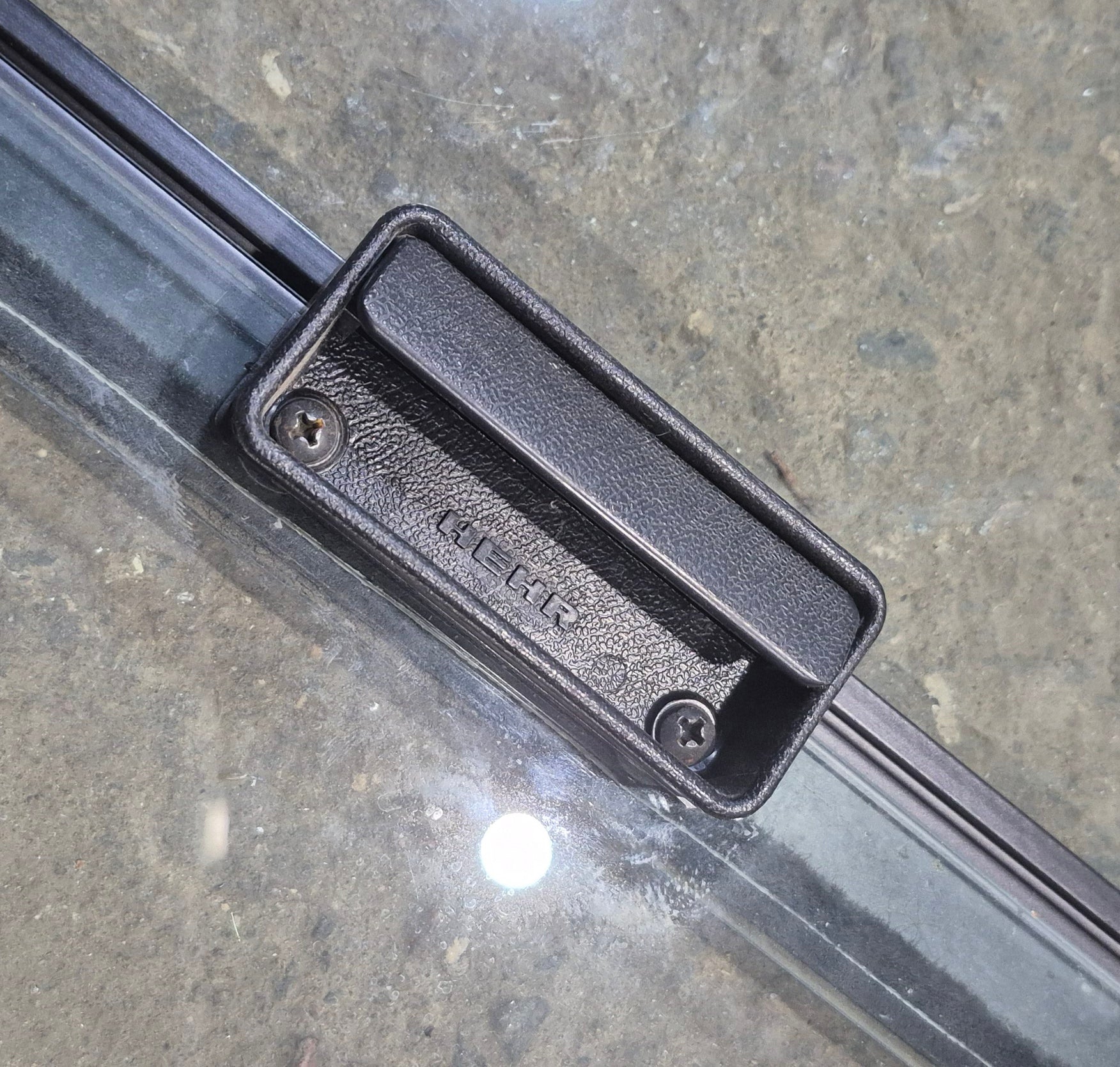 Used Slanted Black Radius Opening Window : 36 1/4" W x 26 1/2" H x 1 3/4" D - Motorhome Front Passenger Side - Young Farts RV Parts