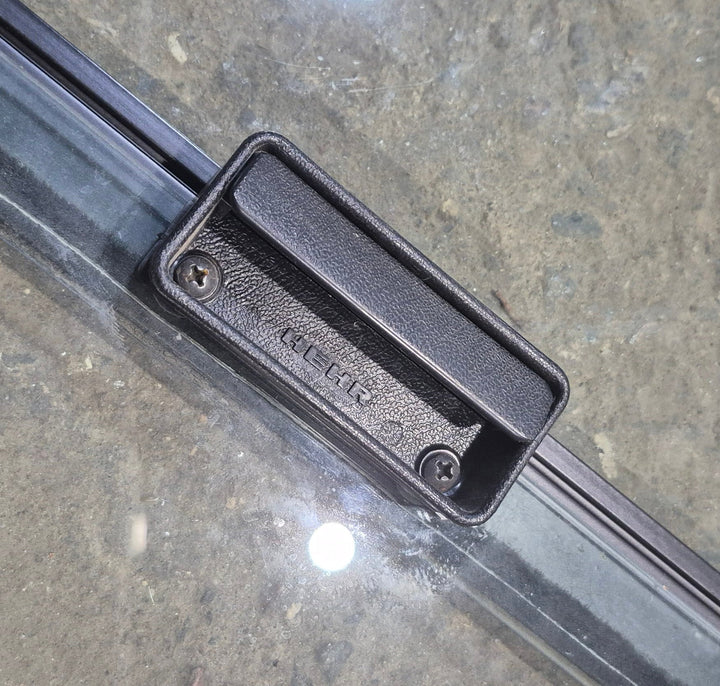 Used Slanted Black Radius Opening Window : 36 1/4" W x 26 1/2" H x 1 3/4" D - Motorhome Front Passenger Side - Young Farts RV Parts