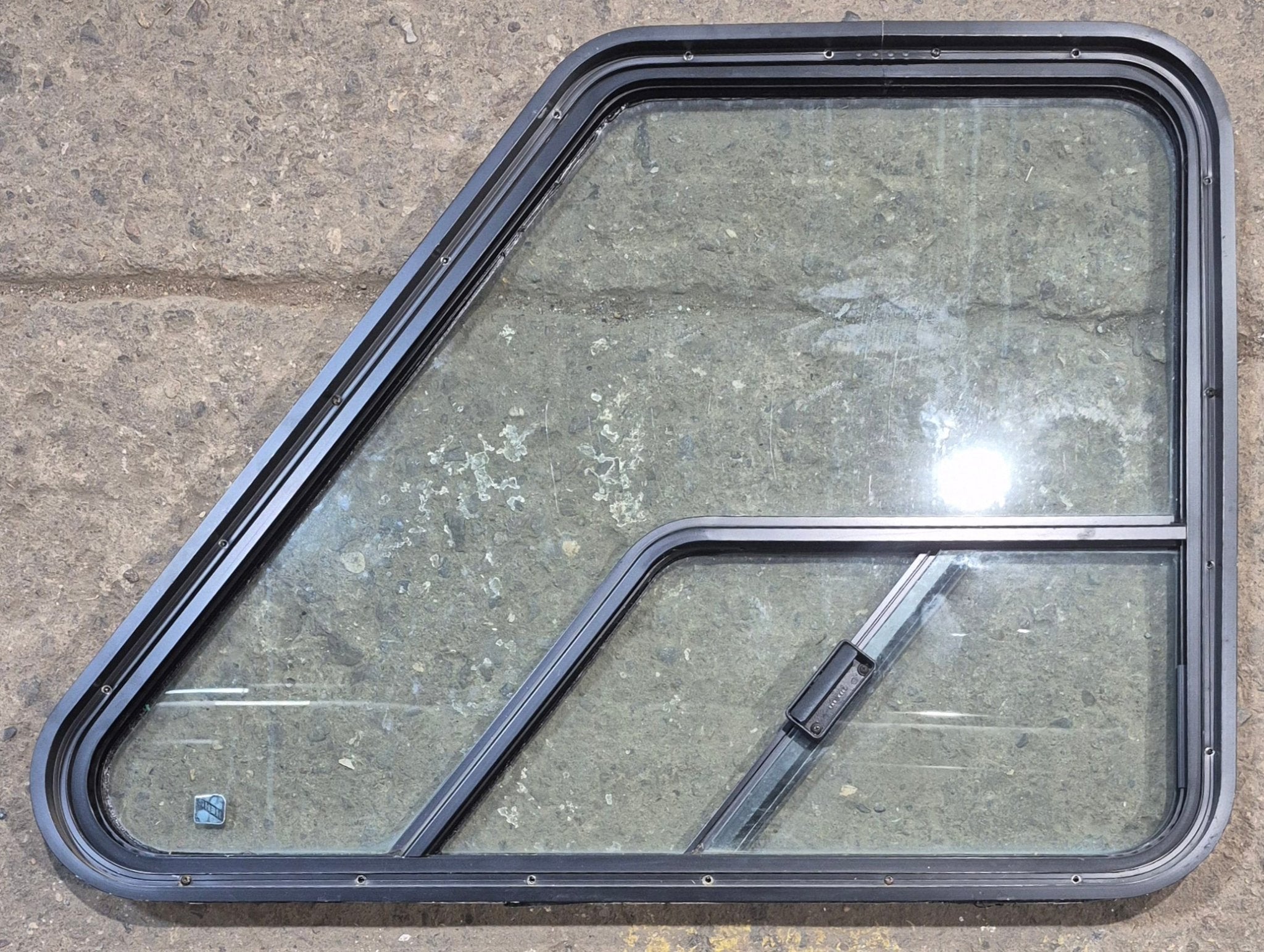 Used Slanted Black Radius Opening Window : 36 1/4" W x 26 1/2" H x 1 3/4" D - Motorhome Front Passenger Side - Young Farts RV Parts