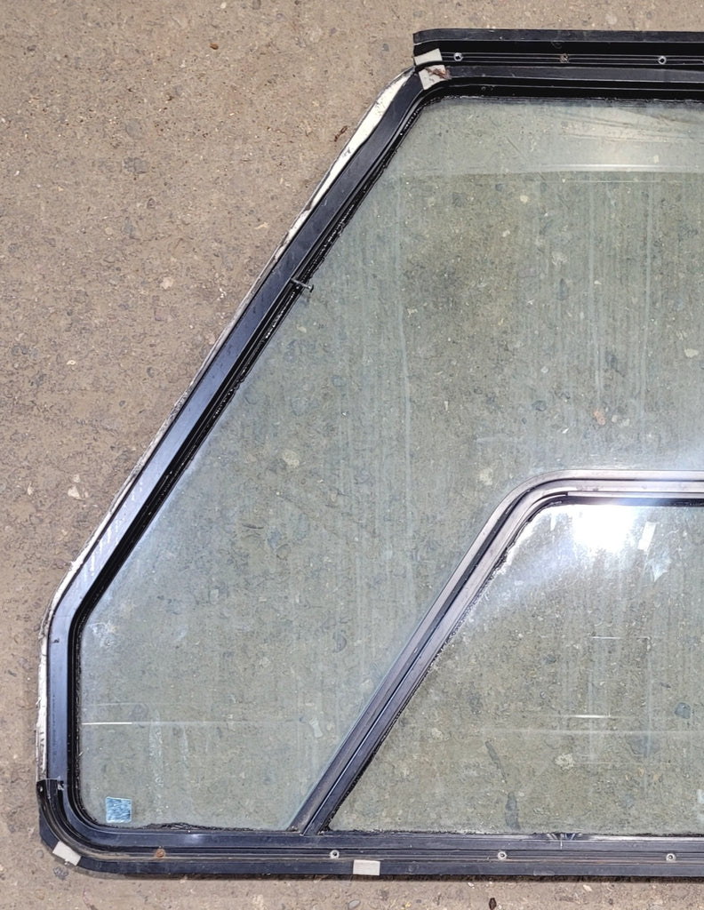 Used Slanted Black Radius Opening Window : 38 1/2" W x 30 1/4" H x 1 3/4" D - Motorhome Front Passenger Side - Young Farts RV Parts