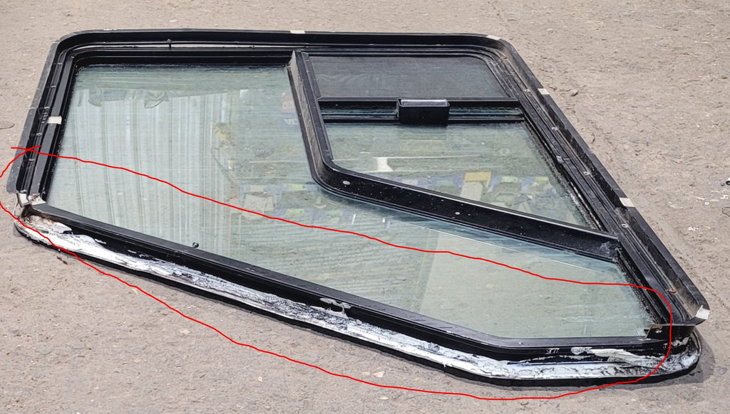 Used Slanted Black Radius Opening Window : 38 1/2" W x 30 1/4" H x 1 3/4" D - Motorhome Front Passenger Side - Young Farts RV Parts