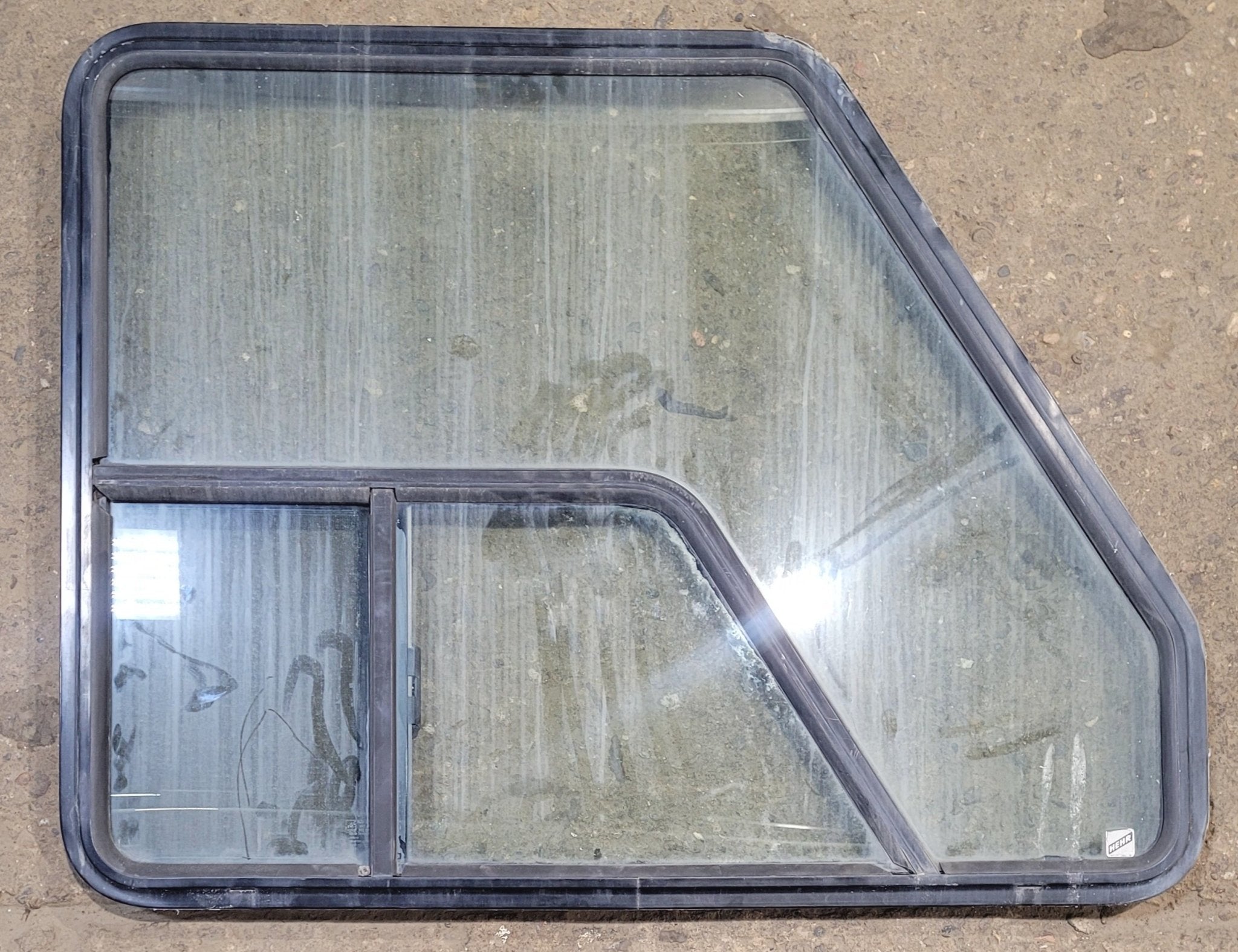 Used Slanted Black Radius Opening Window : 38 1/2" W x 30 1/4" H x 1 3/4" D - Motorhome Front Passenger Side - Young Farts RV Parts